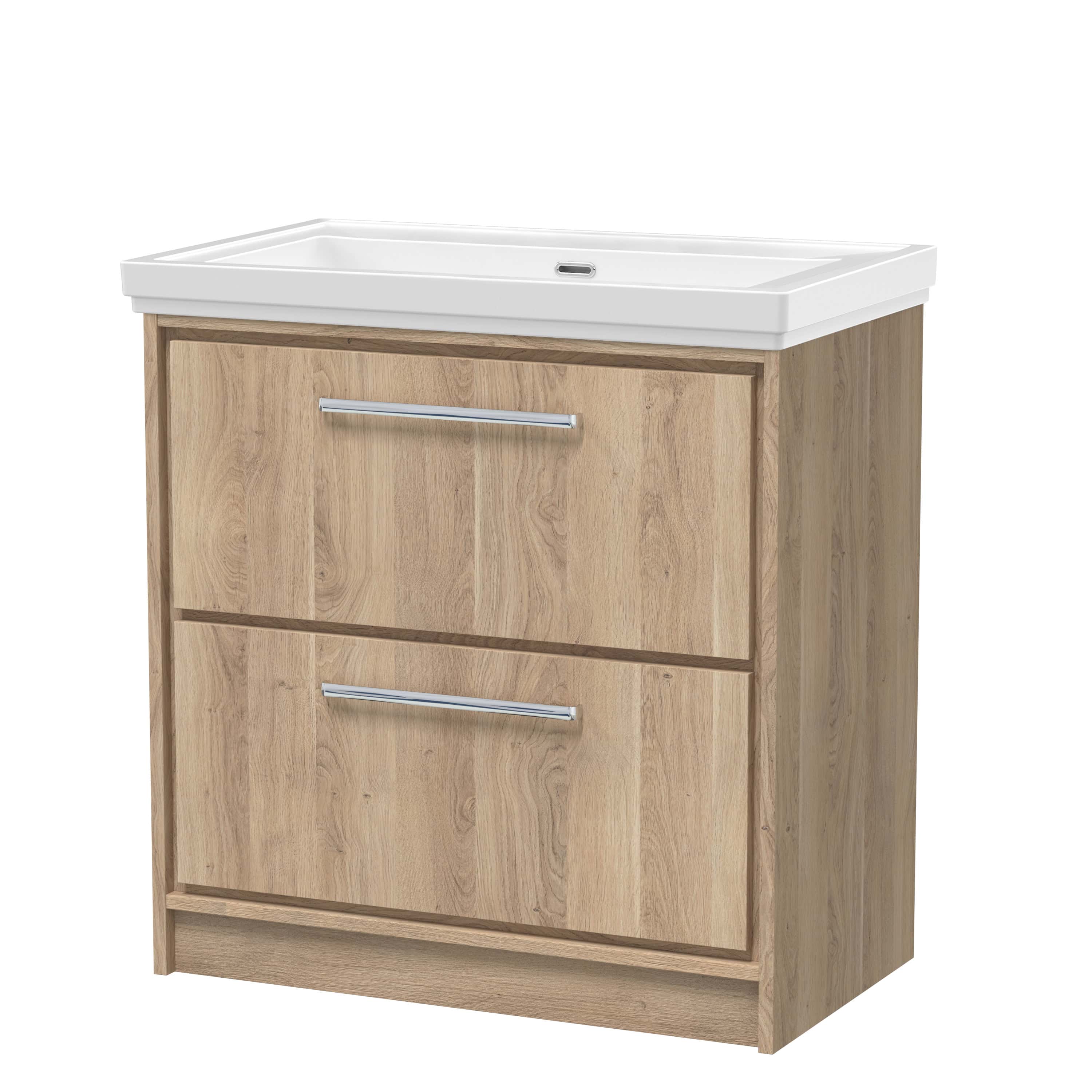 Natural oak bathroom vanity with integrated ceramic sink and chrome handles, ideal for modern bathroom storage solutions.