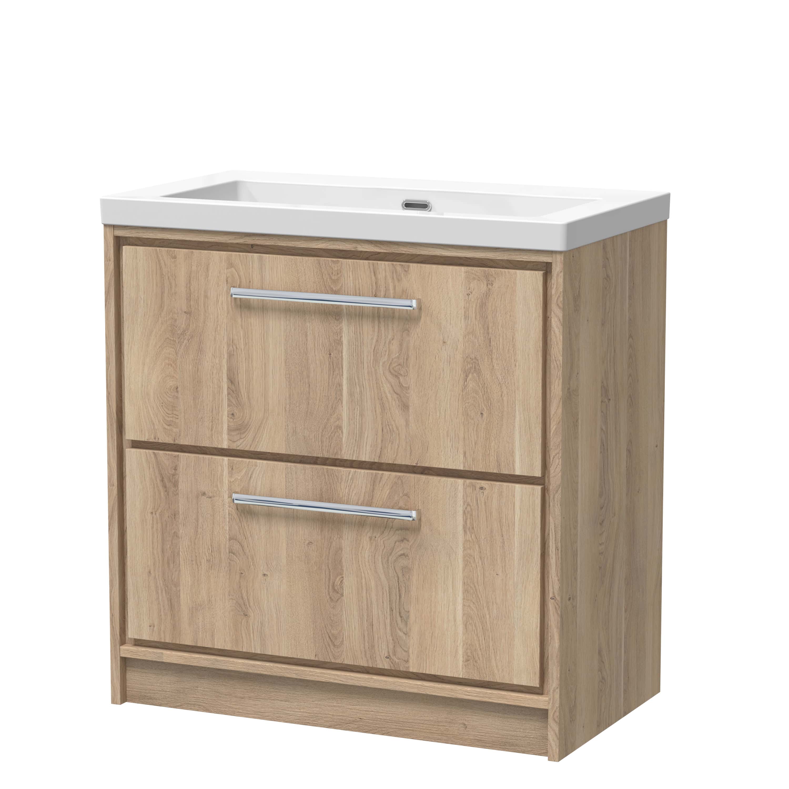 Natural wood bathroom vanity with integrated white ceramic sink and chrome handles, ideal for modern bathroom decor and storage solutions.