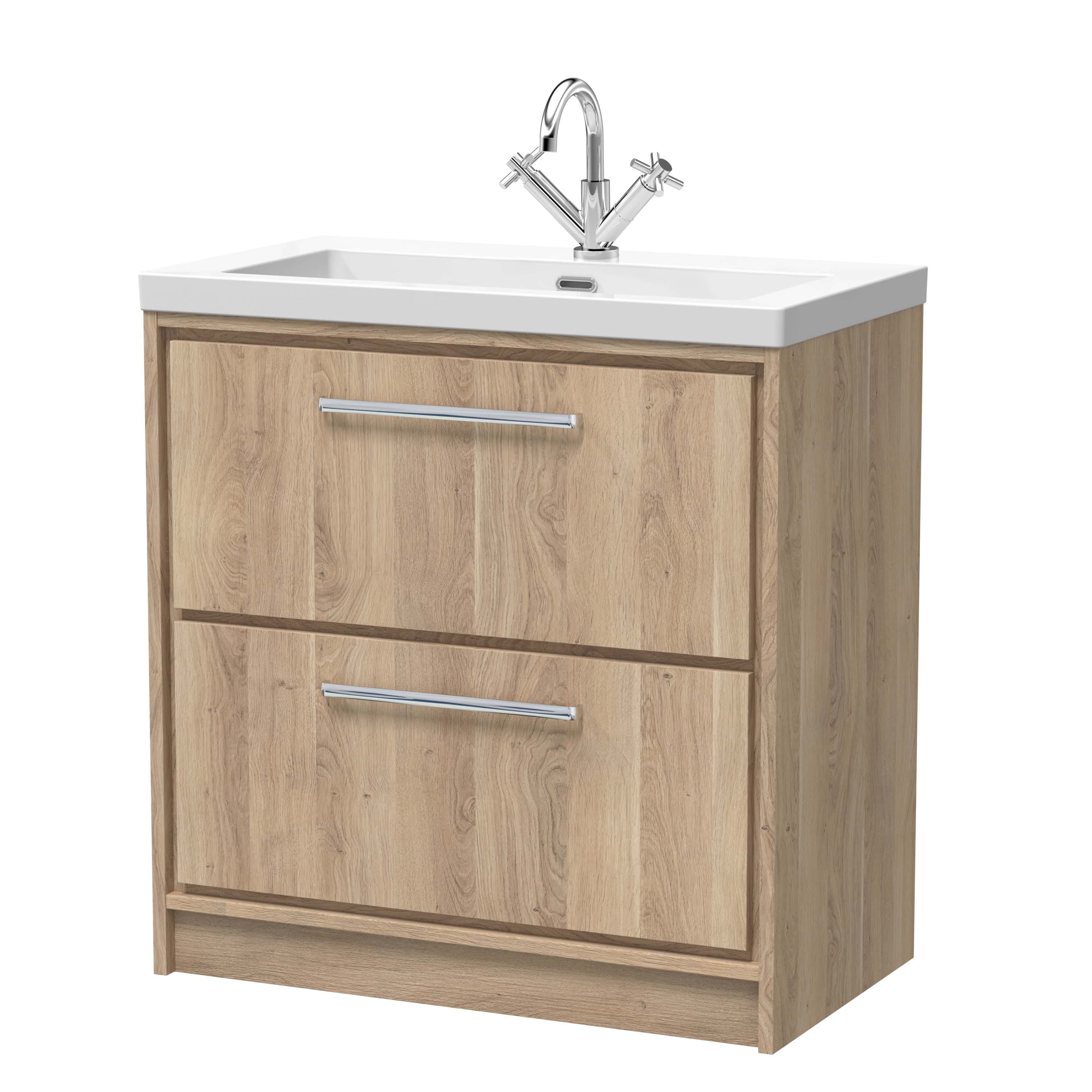 Natural wood bathroom vanity with white ceramic sink and modern chrome tap, ideal for stylish and functional bathroom upgrade.