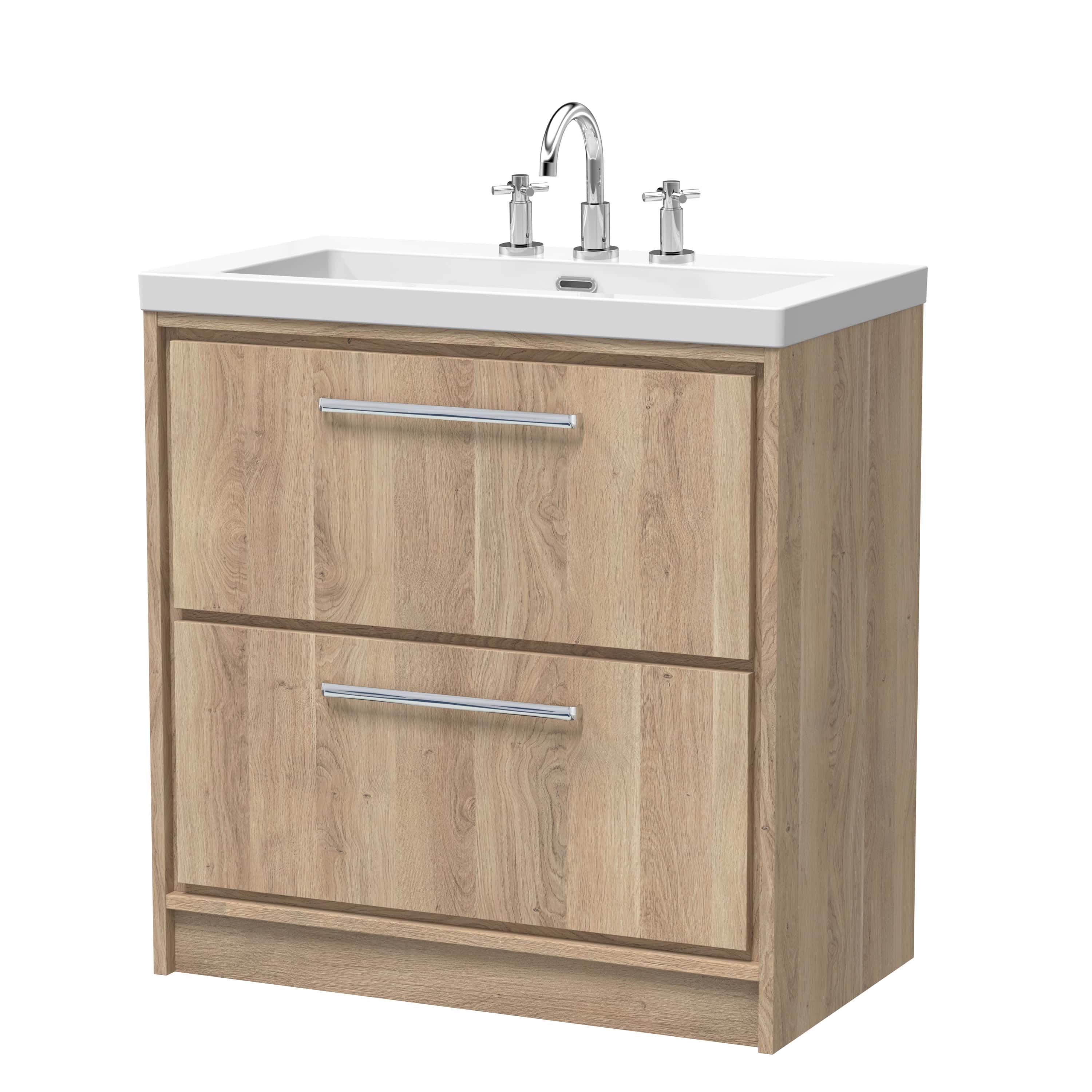 Modern wooden bathroom vanity with white ceramic sink and chrome fixtures, ideal for contemporary bathroom designs, offering stylish storage and functional washbasin.
