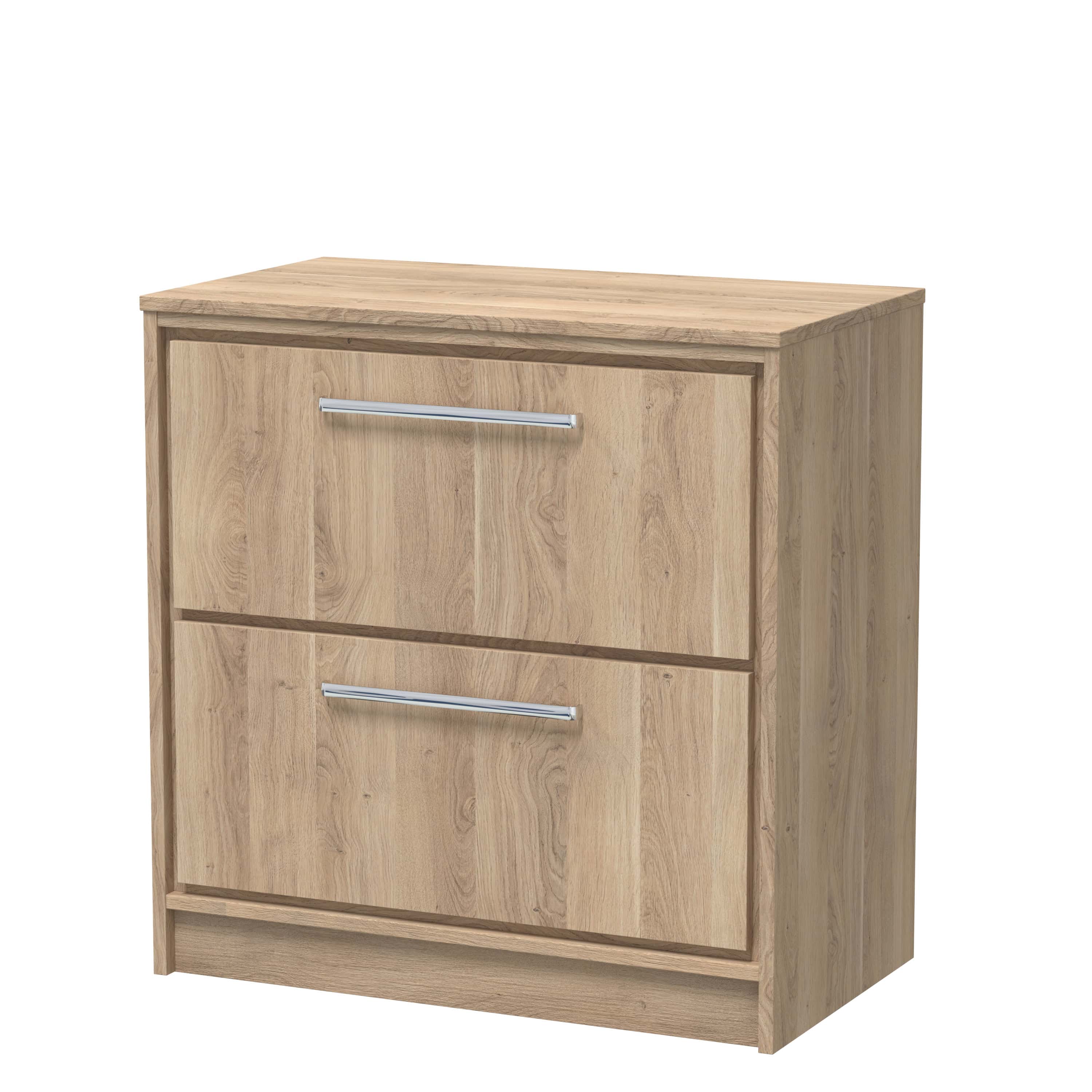 Solid oak bathroom cabinet with two drawers and chrome handles, ideal for bathroom storage and organisation. Durable, stylish, and functional furniture piece from Bubly Bathrooms UK.