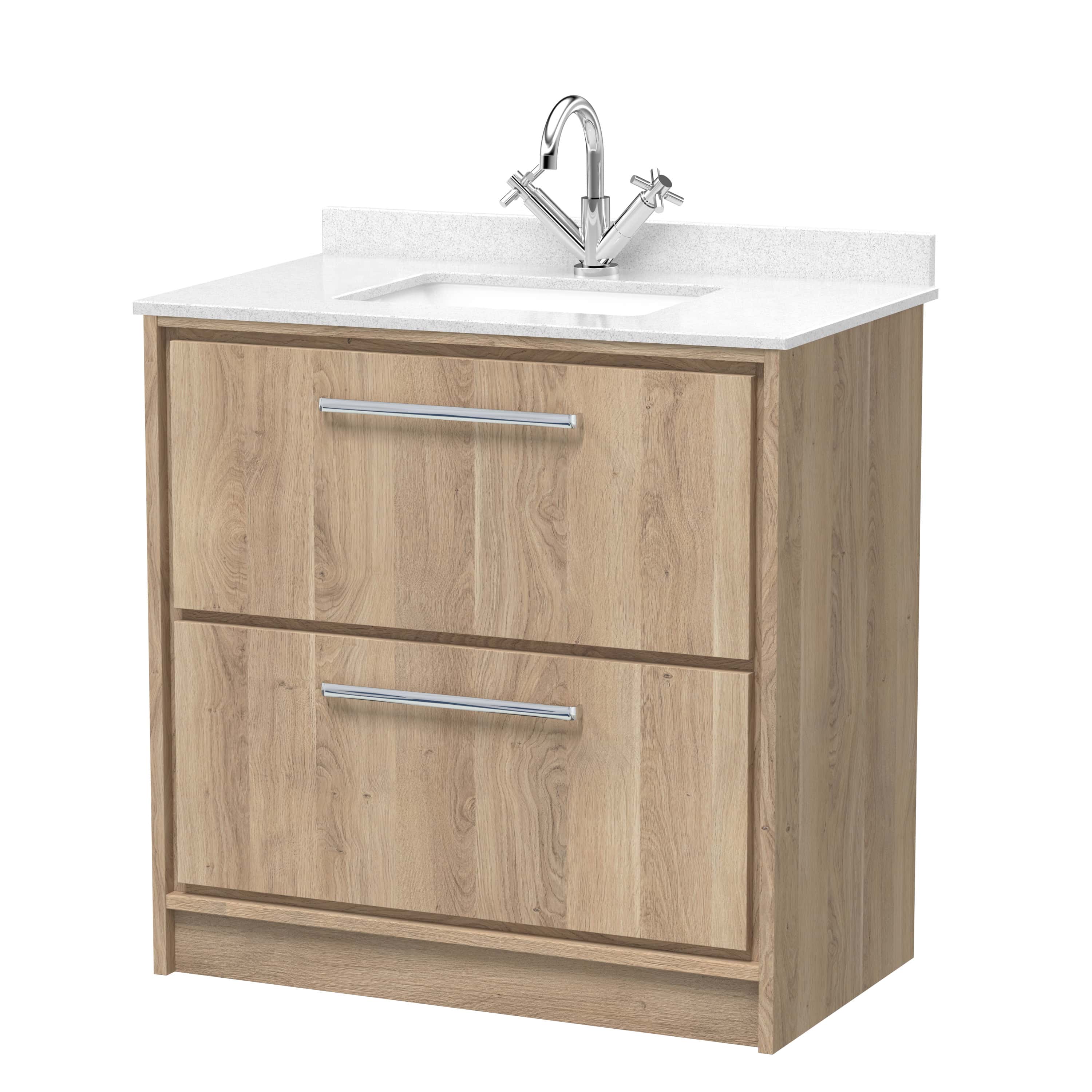 Contemporary wooden bathroom vanity unit with a white inset sink and modern chrome taps, ideal for stylish bathroom remodels and fittings.