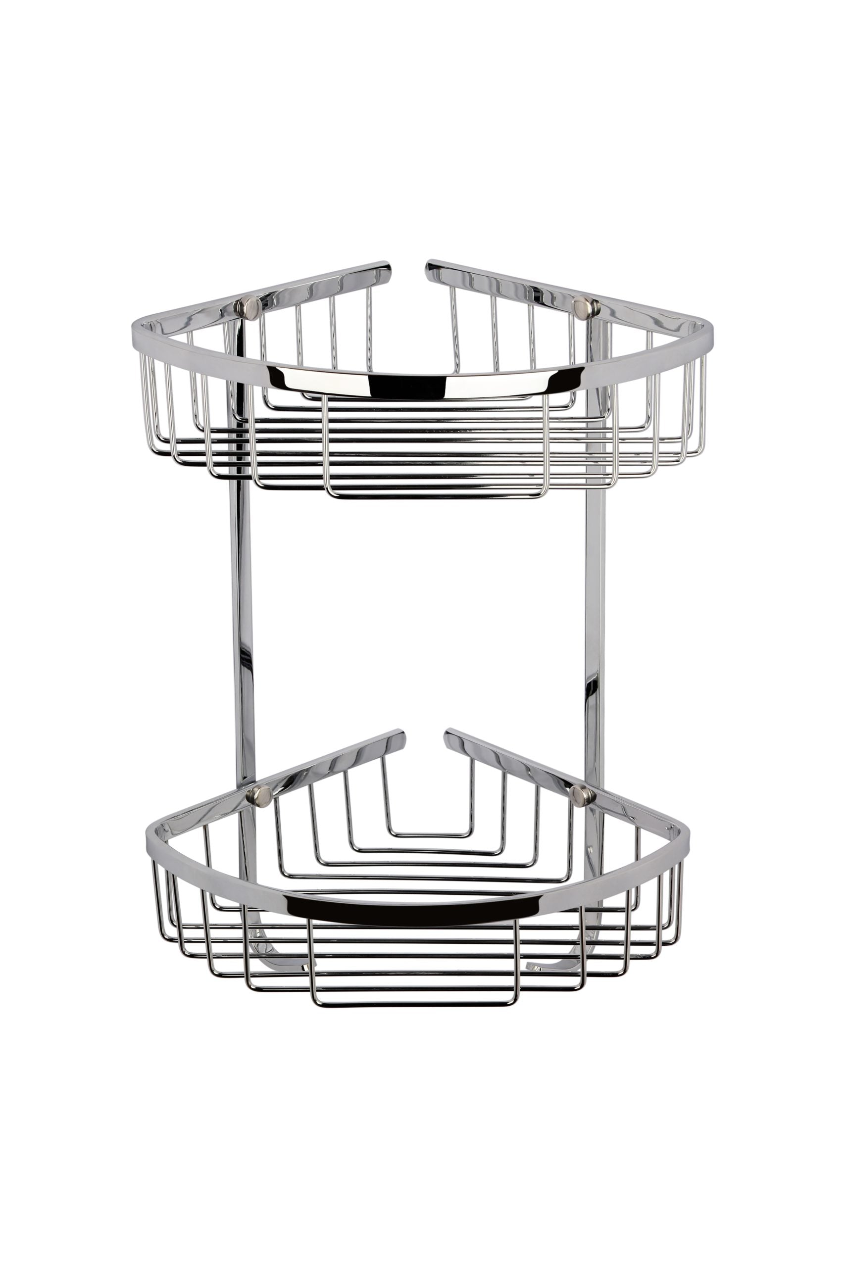 Shower caddy with two tiered chrome wire baskets for bathroom organisation, ideal for shampoos, soaps, and toiletries, provides storage on shower walls or bathtub edges.