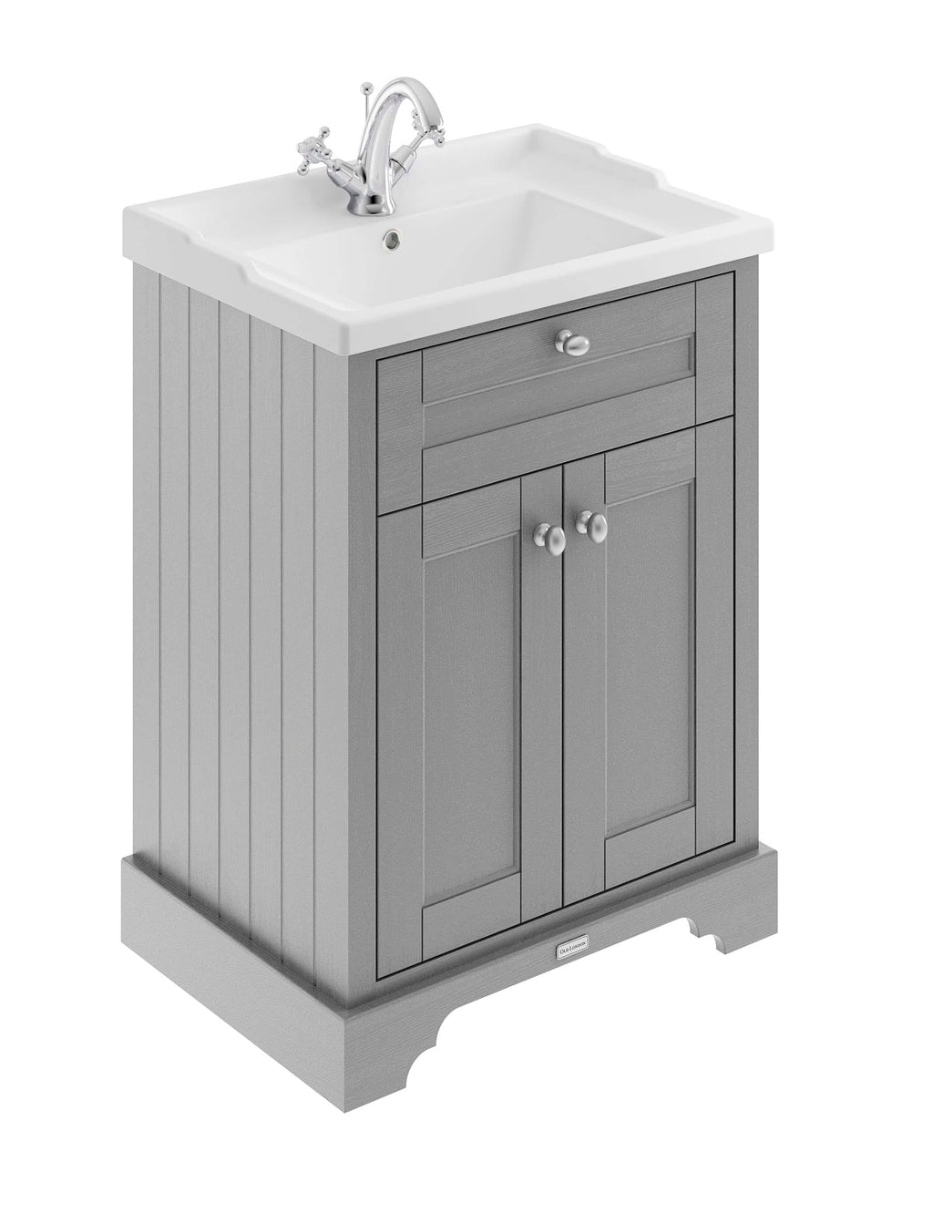 Oak grey bathroom vanity with white ceramic sink and chrome tap, ideal for contemporary bathroom designs. Compact wooden storage unit with multiple drawers and doors.