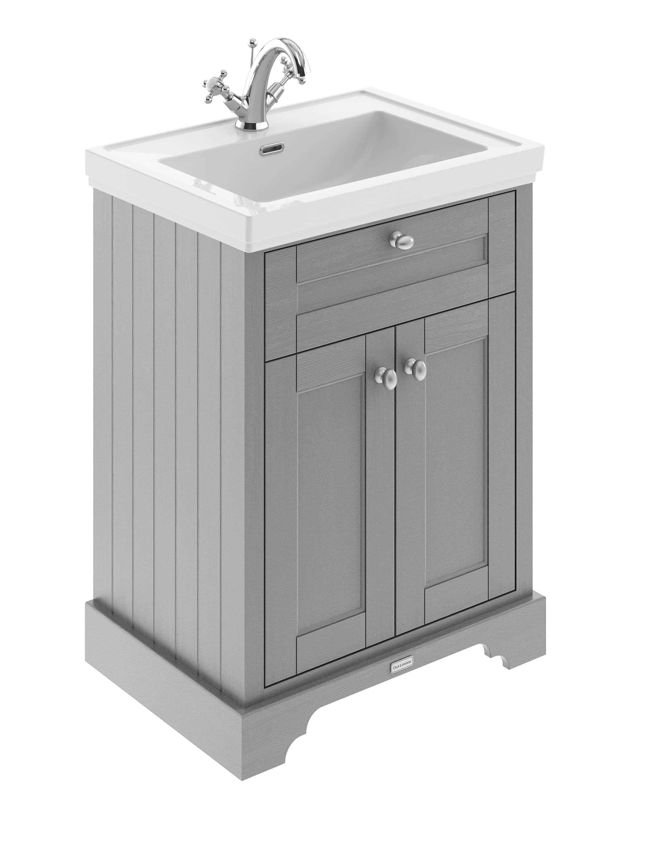 Deep grey wooden bathroom vanity with ceramic sink and chrome tap, ideal for modern bathroom designs. Suitable for classic and contemporary bathroom aesthetics, combining durability and style.