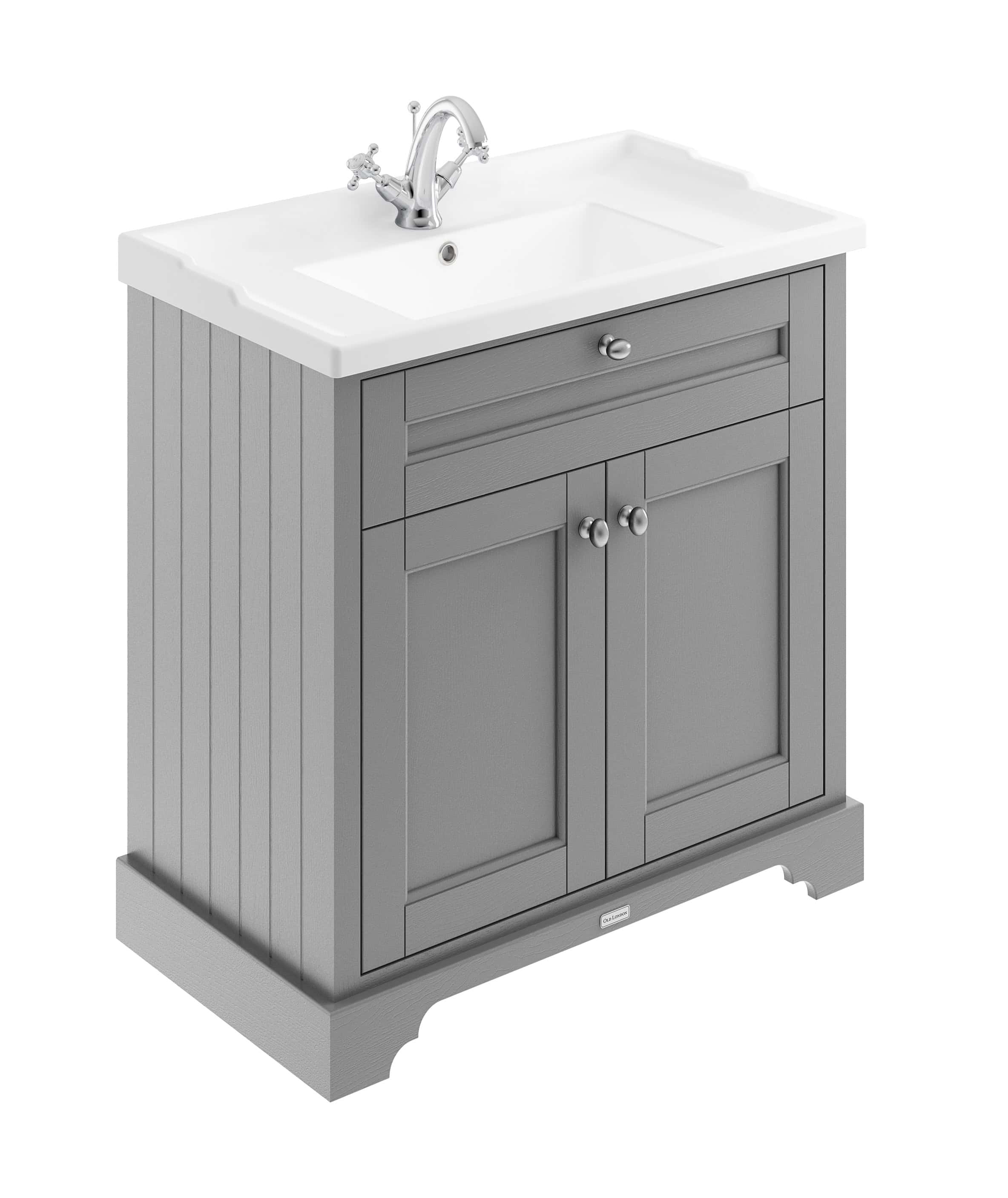 Elegant grey bathroom vanity with ceramic sink and chrome faucet, ideal for modern bathroom designs, offering practical storage with stylish features.