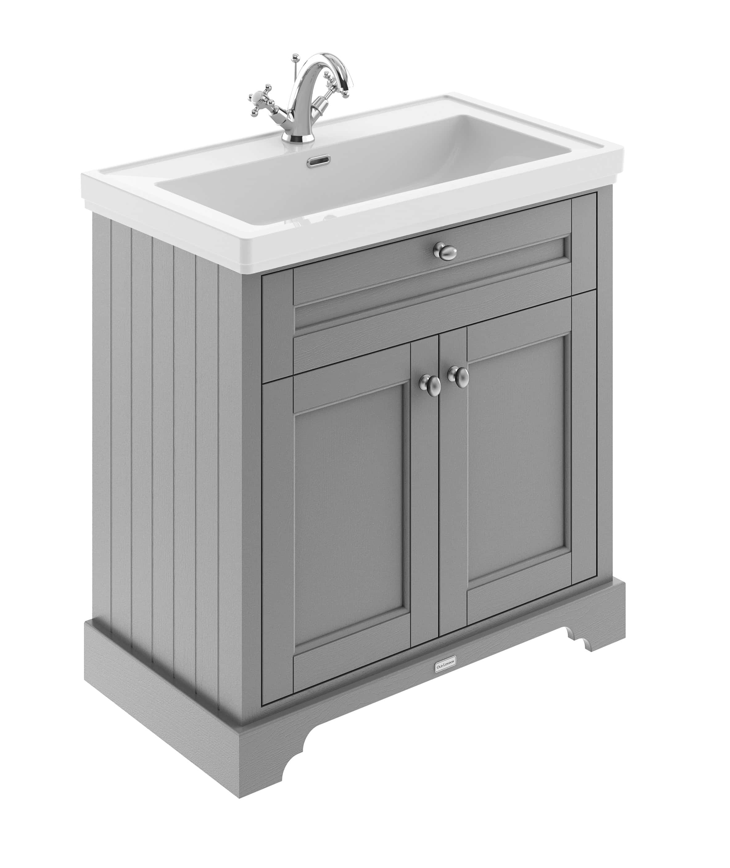 Elegant grey bathroom vanity with ceramic sink and chrome tap, ideal for modern bathrooms, featuring storage cabinets and a polished finish for a stylish look.