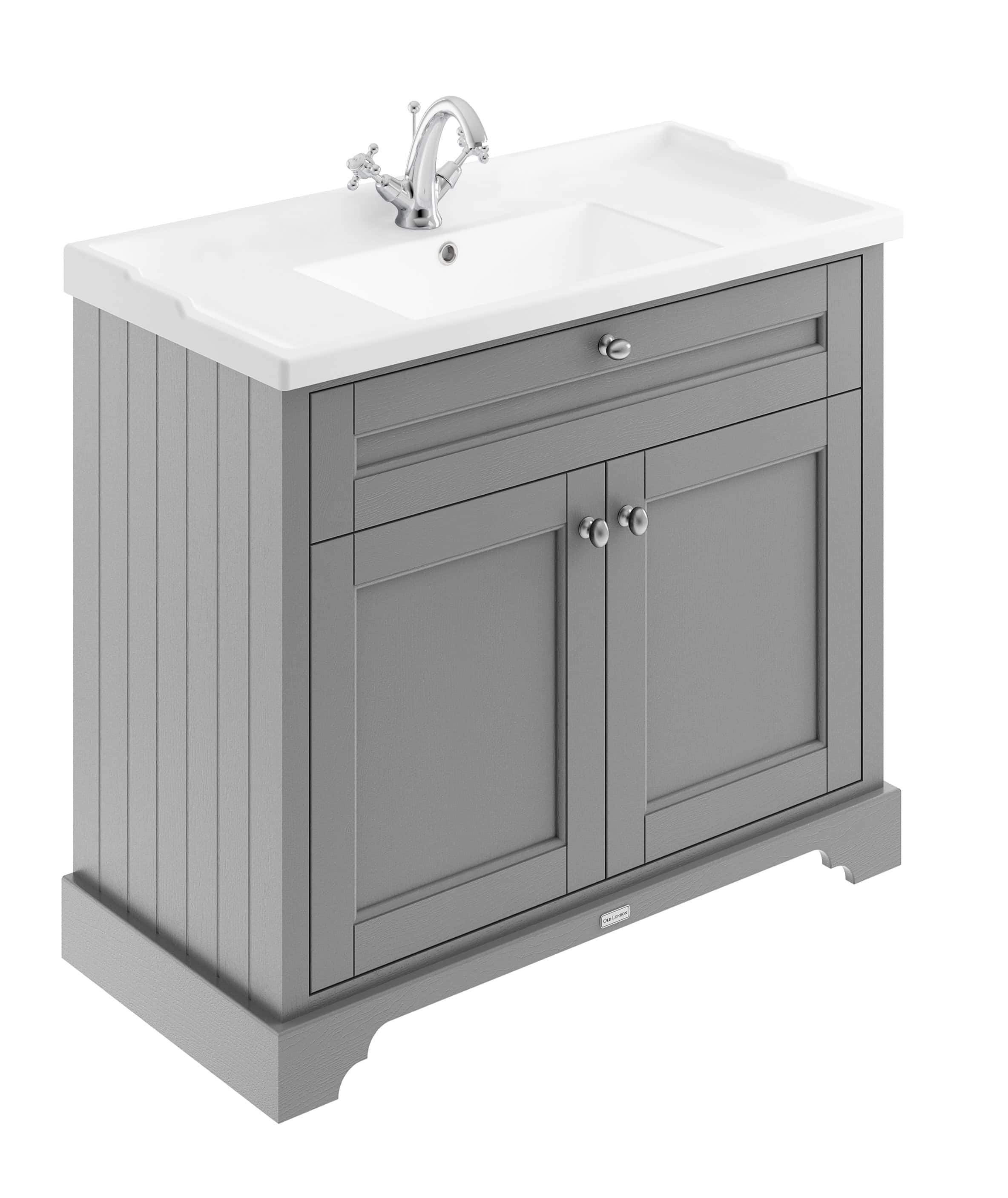 Polished grey bathroom vanity with ceramic sink, chrome faucet, and storage cabinet, ideal for modern bathroom renovations and fittings.