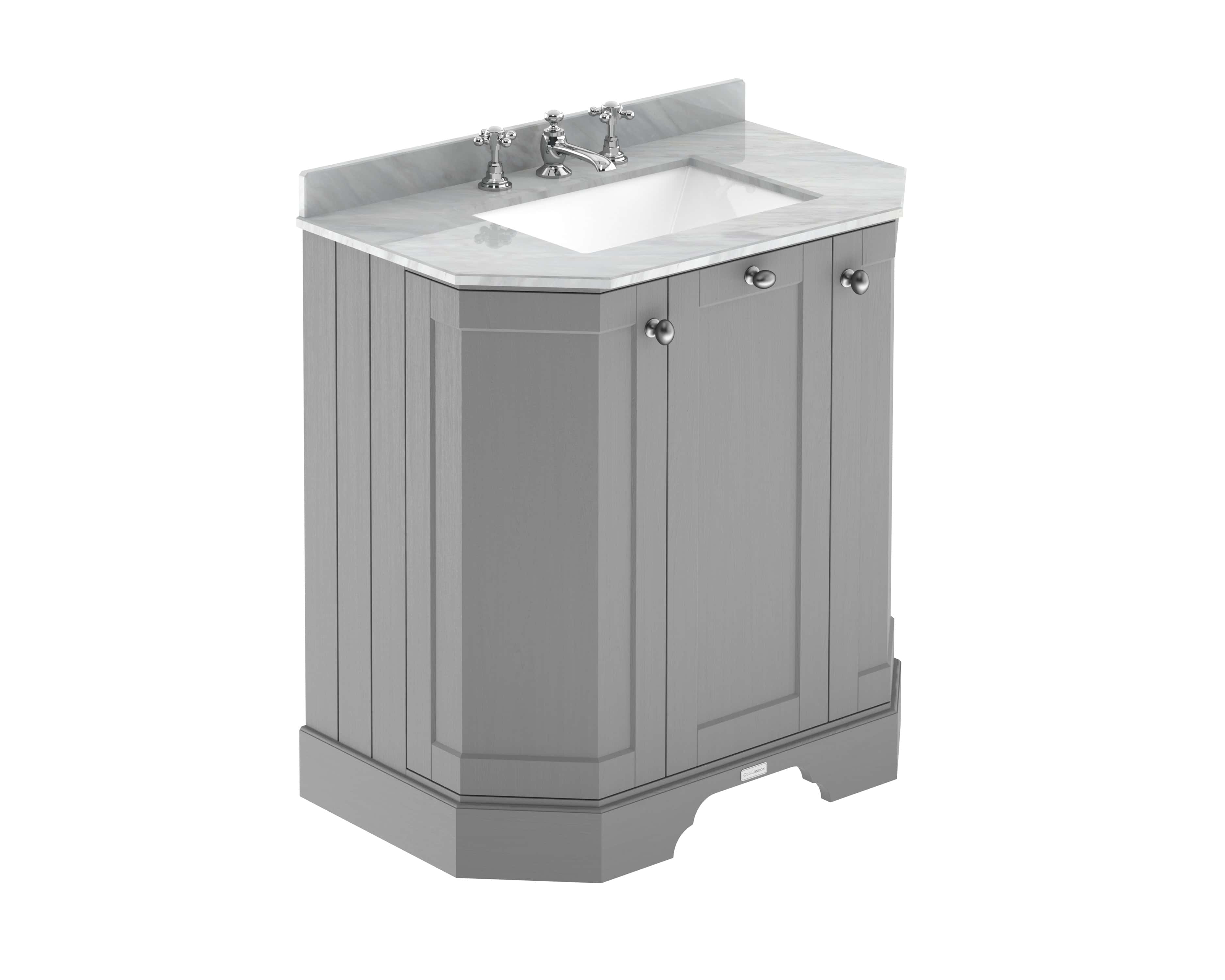 Polished grey bathroom vanity with marble countertop and classic chrome fixtures, perfect for elegant and functional bathroom design.