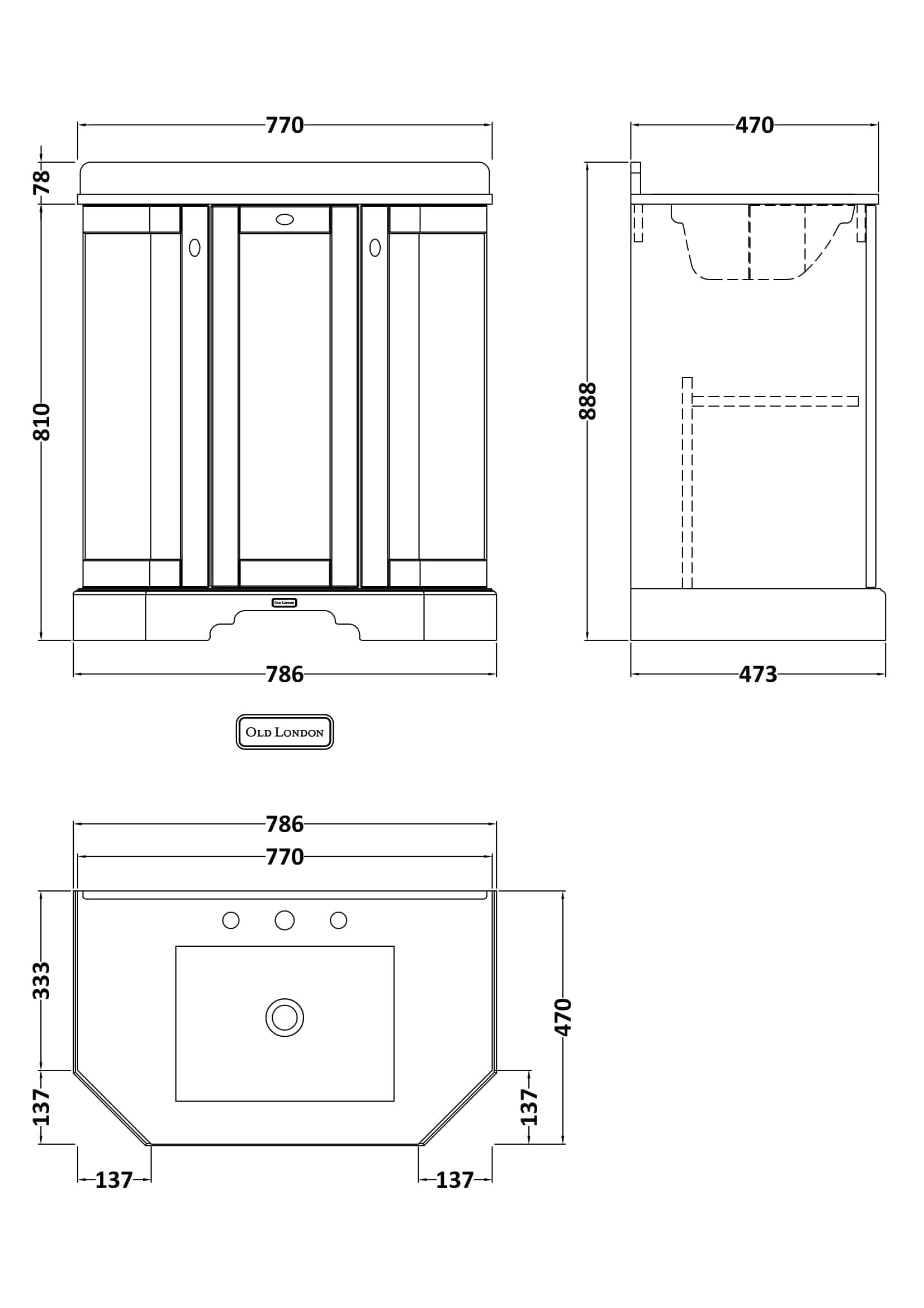 Sleek vintage-style bathroom vanity with integrated sink, suitable for modern and traditional bathrooms, offering ample storage and elegant design inspired by Old London aesthetics.