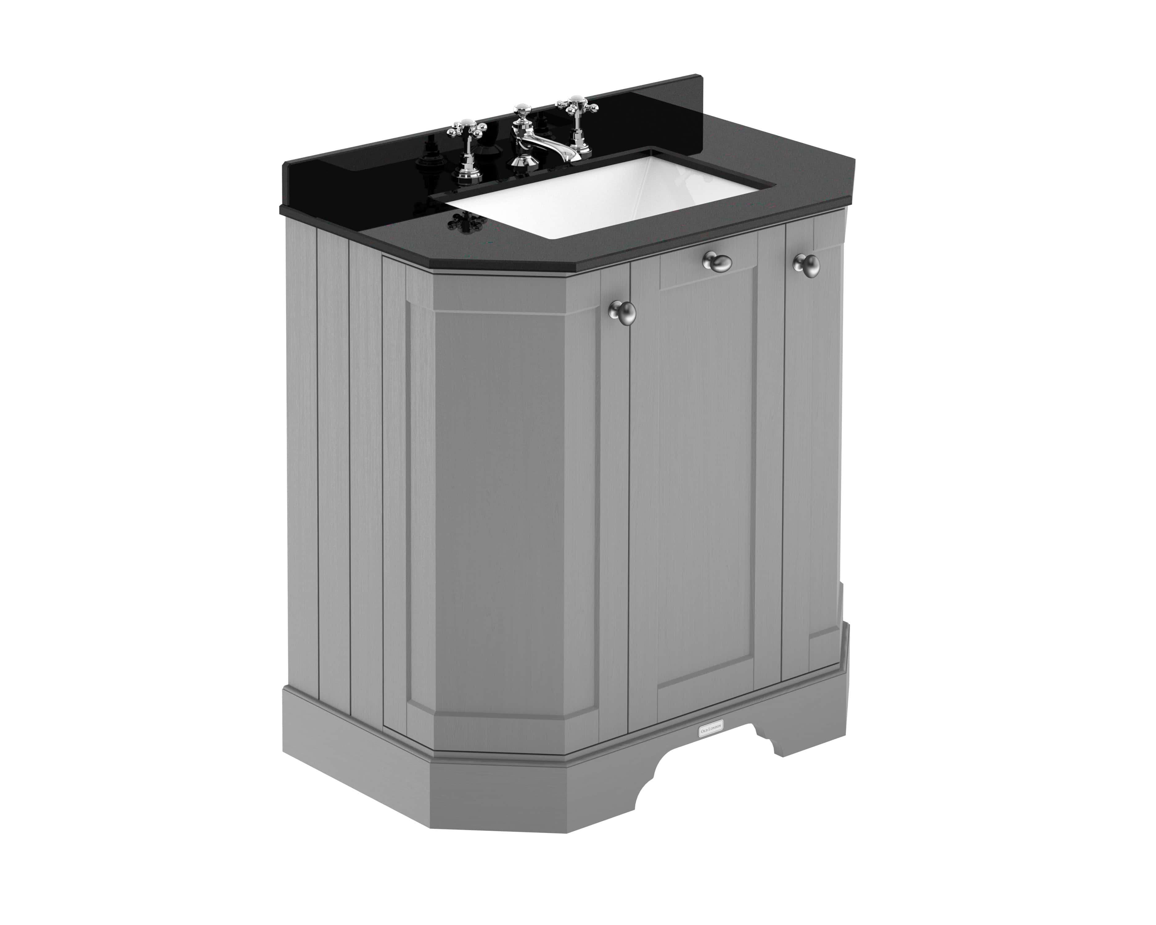 Modern grey bathroom vanity with black countertop and white inset sink, featuring classic chrome taps and cabinet doors with round handles, ideal for contemporary bathroom renovation.