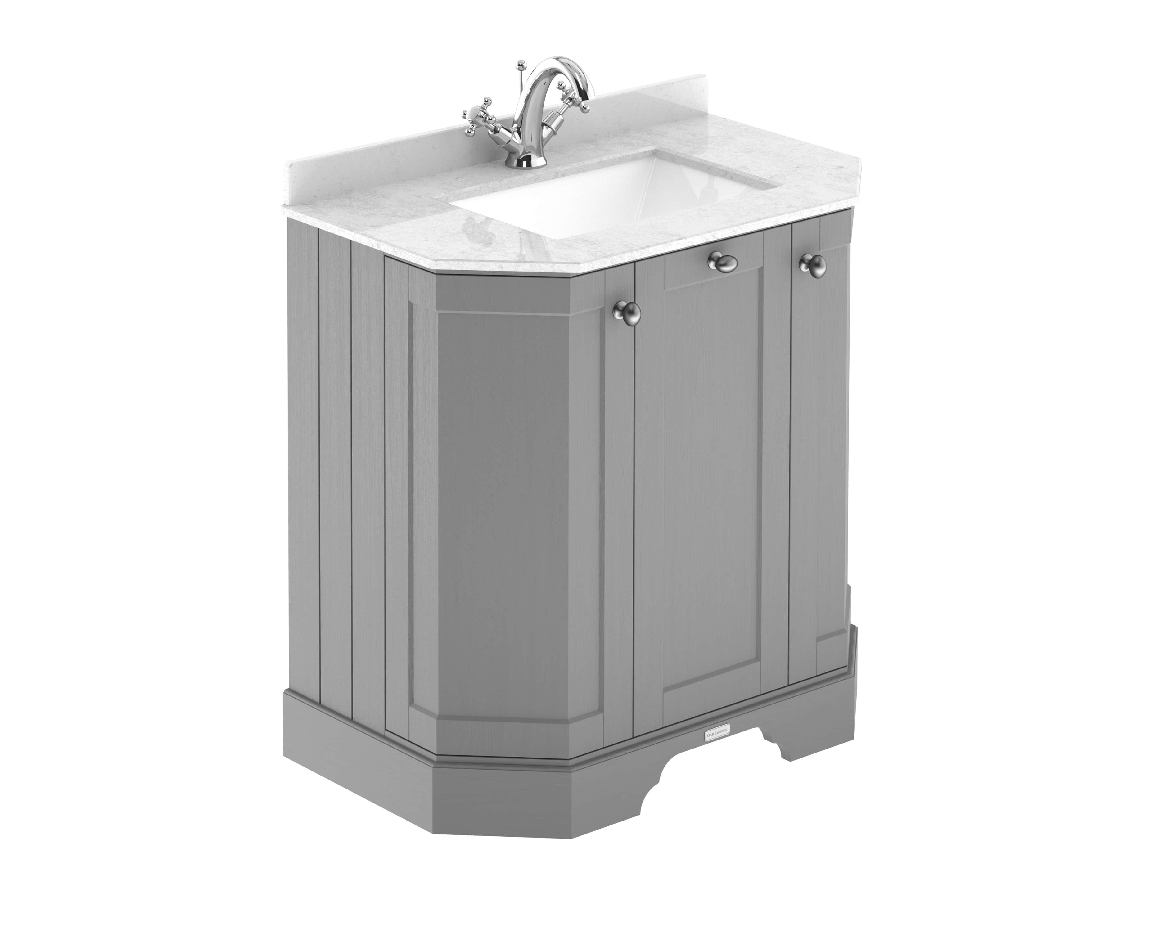 Shower pedestal sink with white marble countertop and chrome faucet, ideal for modern bathroom bathrooms. Elegant grey cabinetry provides storage and style for your Bubly bathroom design.