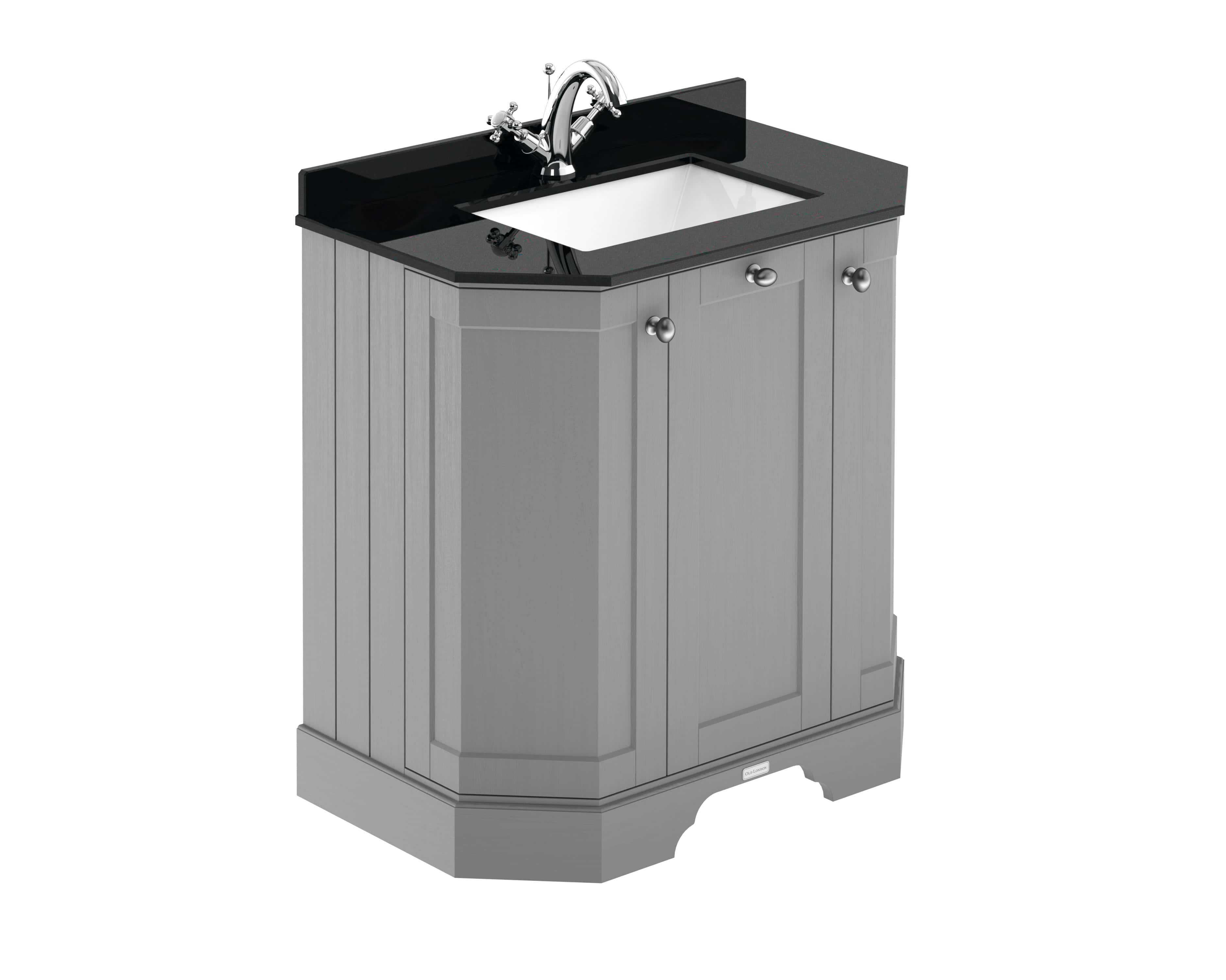 Sleek bathroom vanity unit with black countertop and integrated sink, featuring modern chrome tap and grey wooden cabinetry, ideal for contemporary Bubly bathroom designs.