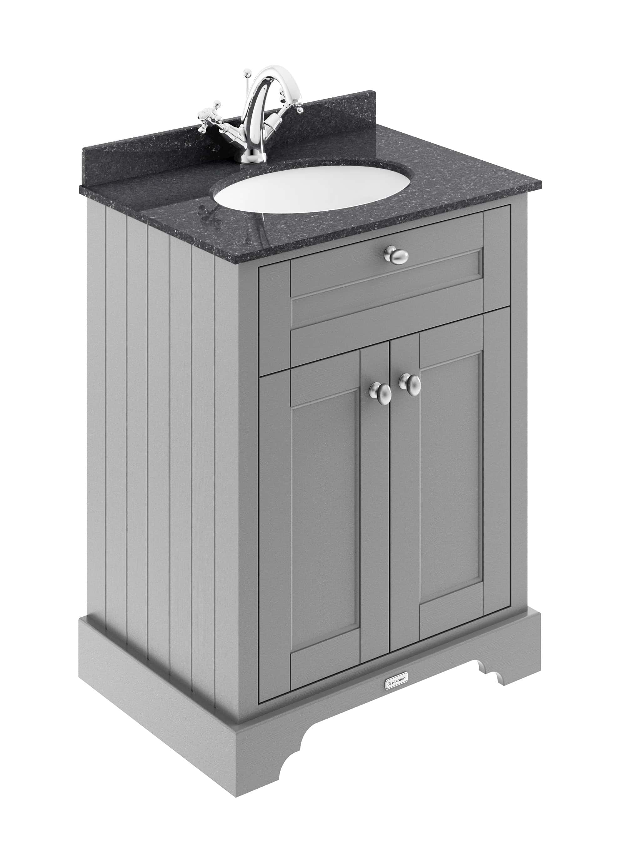Polished grey bathroom vanity unit with black granite countertop and oval sink, modern storage cabinet, traditional style, quality bathroom furniture from Bubly Bathrooms UK.