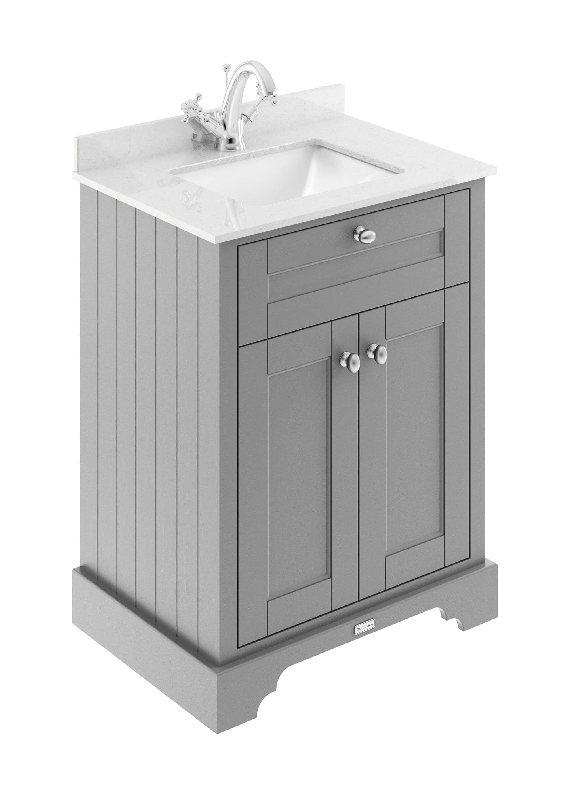 Polished grey bathroom vanity unit with integrated sink and chrome mixer tap, ideal for modern bathroom renovation, offering stylish storage and functionality.
