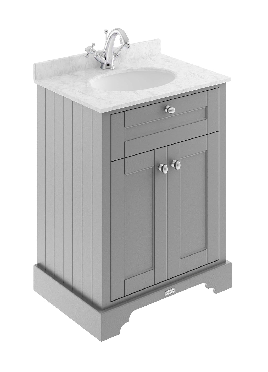 Polished grey bathroom cabinet with marble countertop and integrated sink, featuring traditional design and brass hardware. Perfect for classic or vintage bathroom decor.