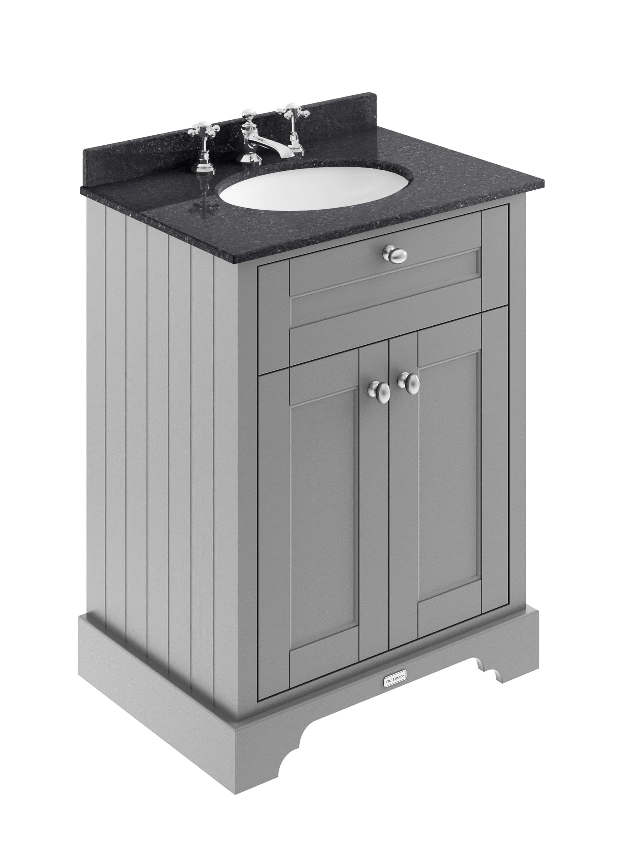 Shaker-style bathroom vanity cabinet with black granite countertop, undermount white sink, and chrome fixtures, ideal for traditional and classic bathroom design.