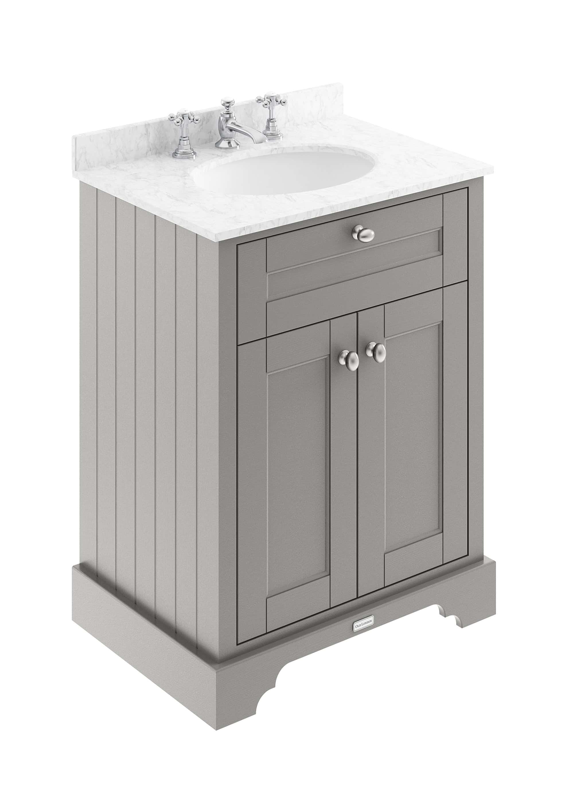 Elegant grey bathroom vanity unit with marble countertop and classic brass taps, ideal for modern traditional bathroom design.