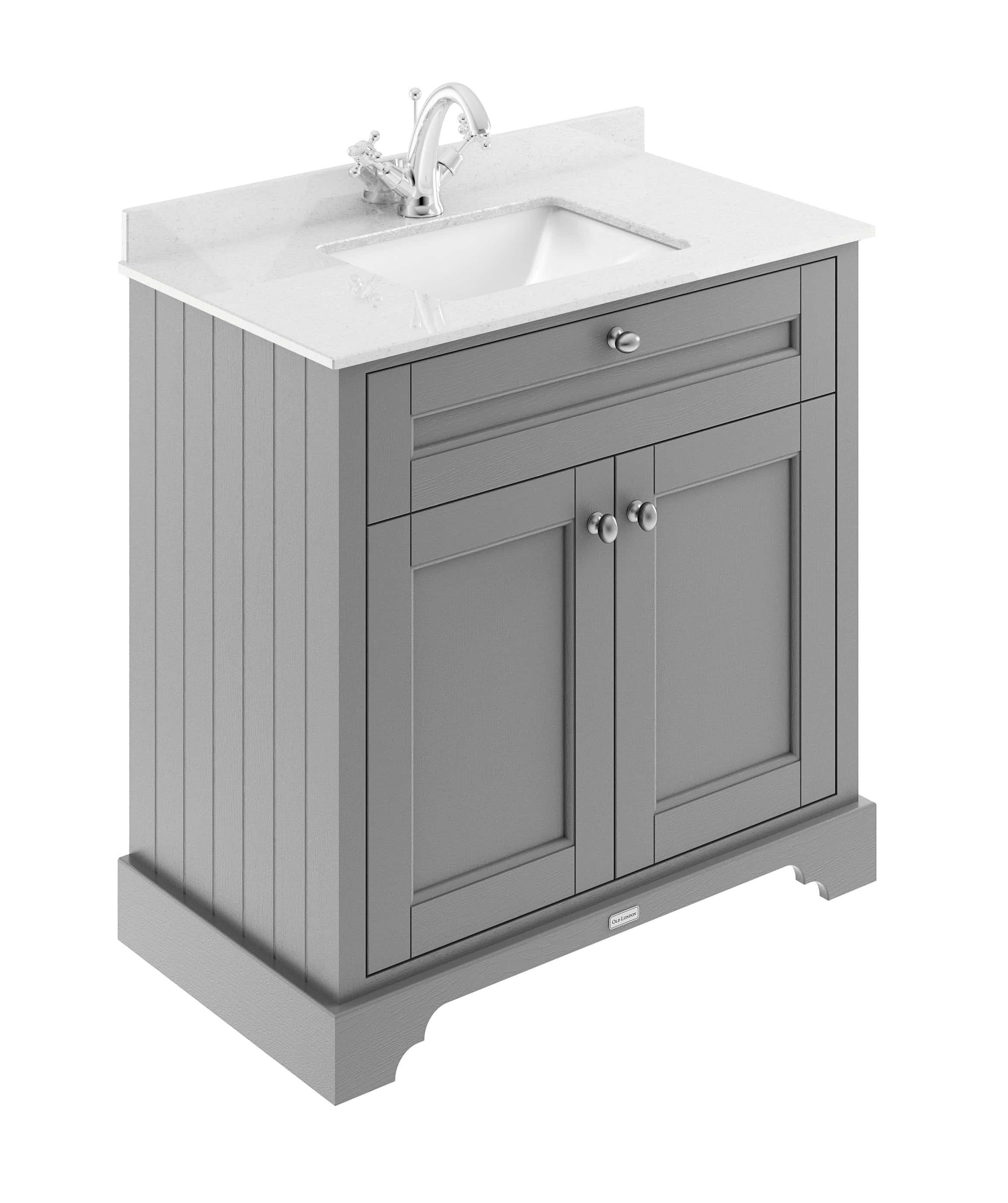 Grey bathroom vanity unit with a white countertop and ceramic sink, featuring storage drawers and cabinets, ideal for modern bathroom renovation and design.