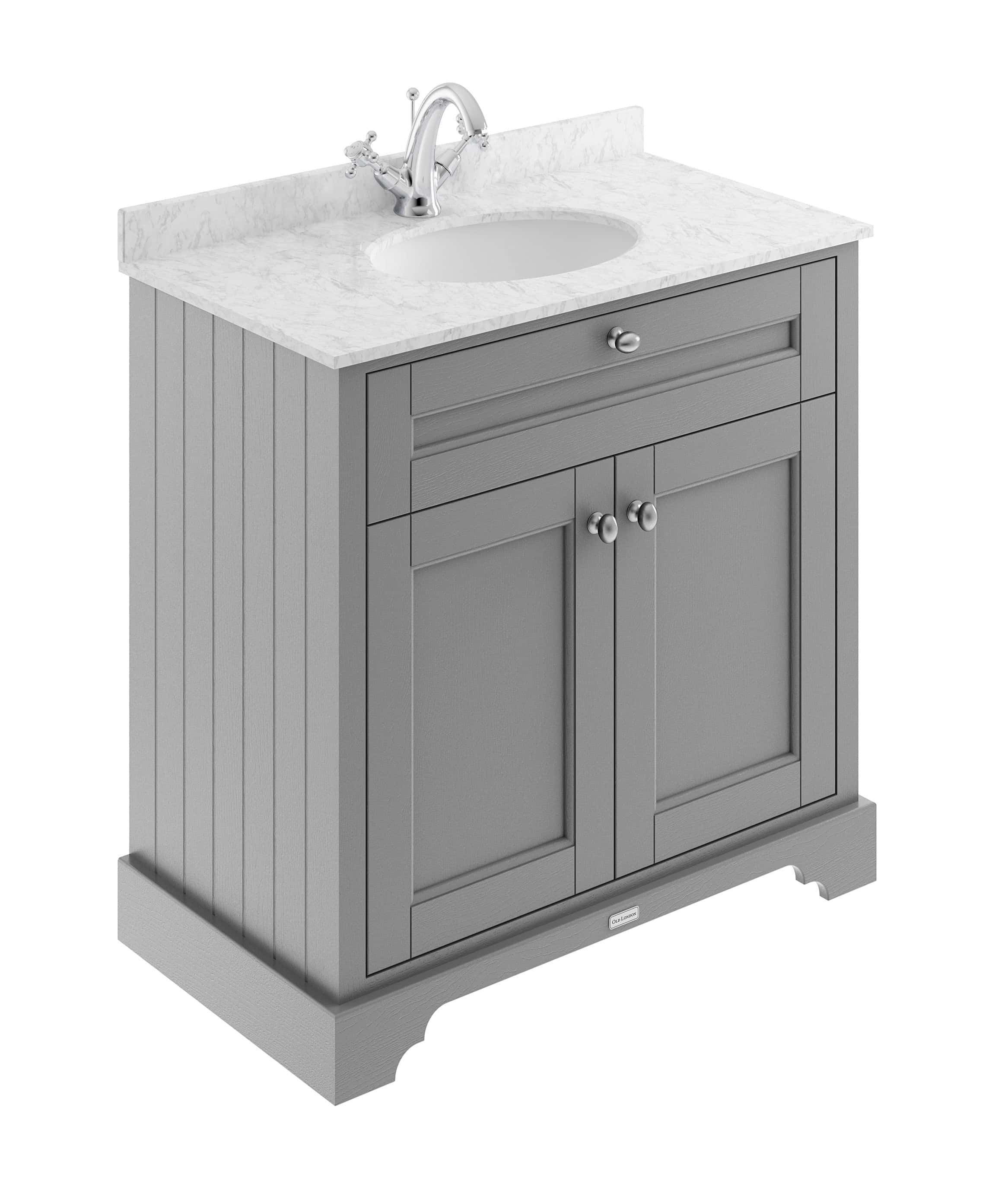 Handcrafted grey bathroom vanity with marble effect countertop and chrome fixtures, perfect for stylish and functional bathroom upgrades.