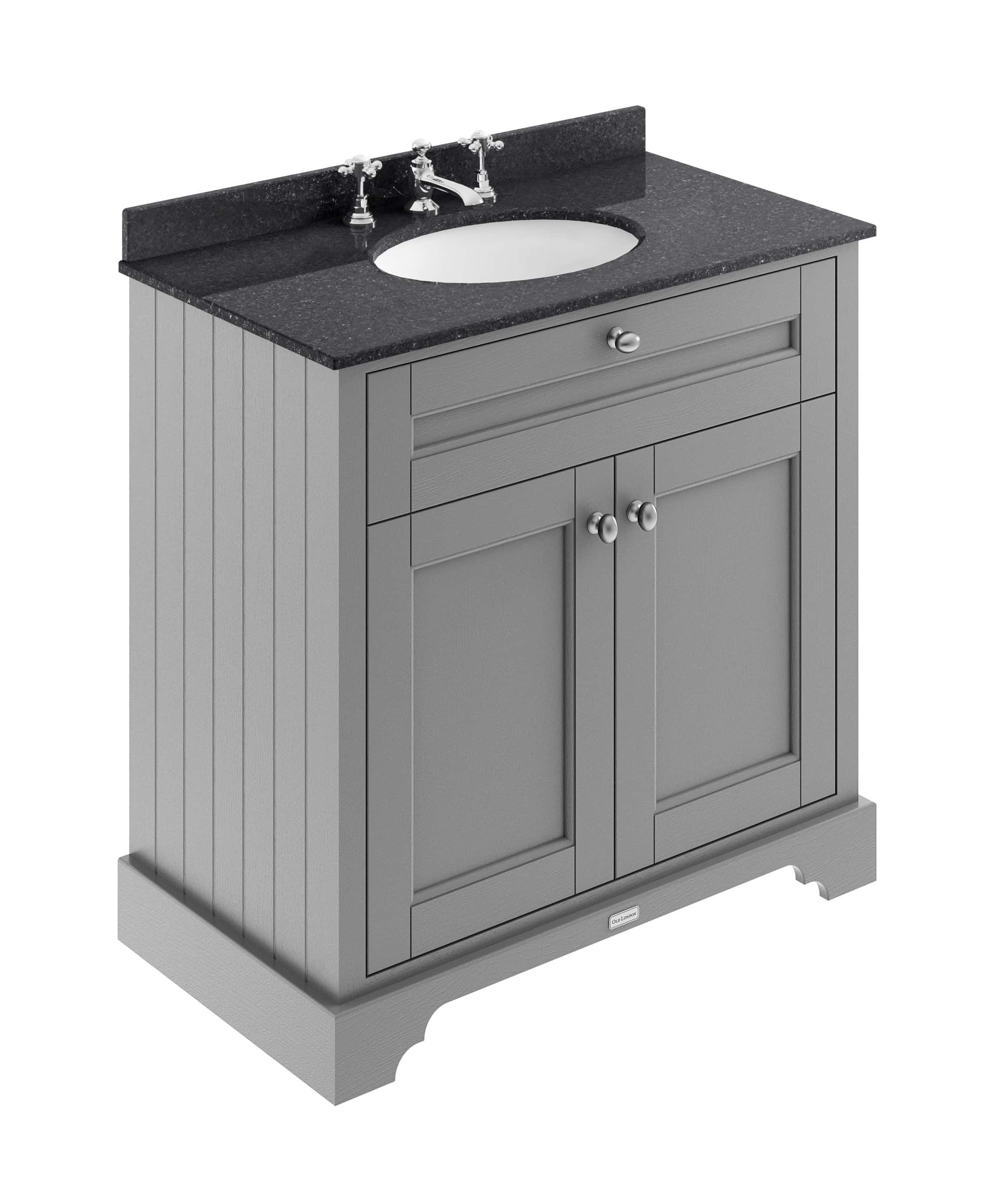 Polished grey bathroom vanity with black granite countertop, traditional design, cabinet storage, chrome fixtures, ideal for modern or classic bathroom decor.