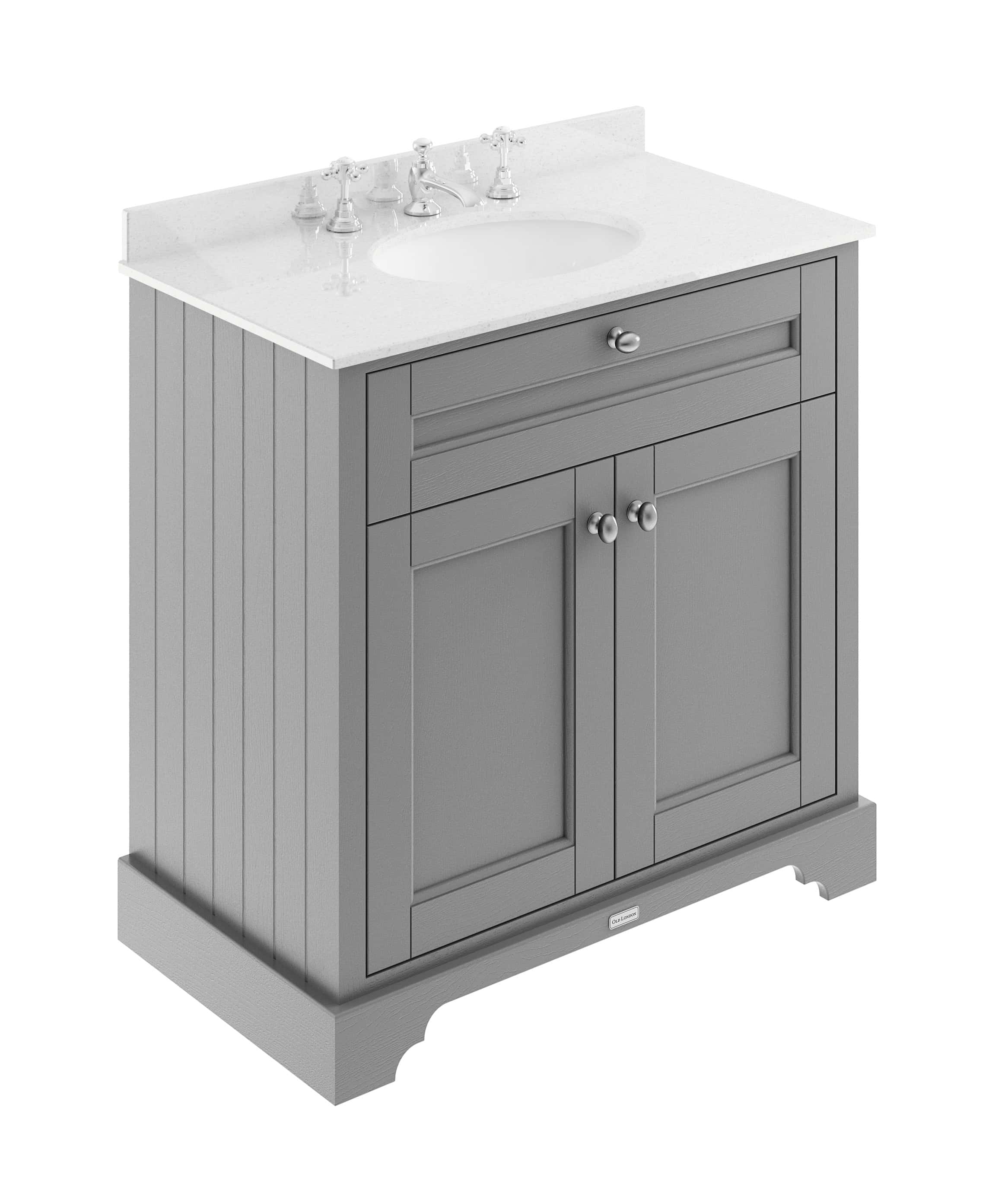 Elegant grey bathroom vanity with white countertop and chrome fixtures, perfect for modern bathroom renovations and stylish bathroom cabinetry.