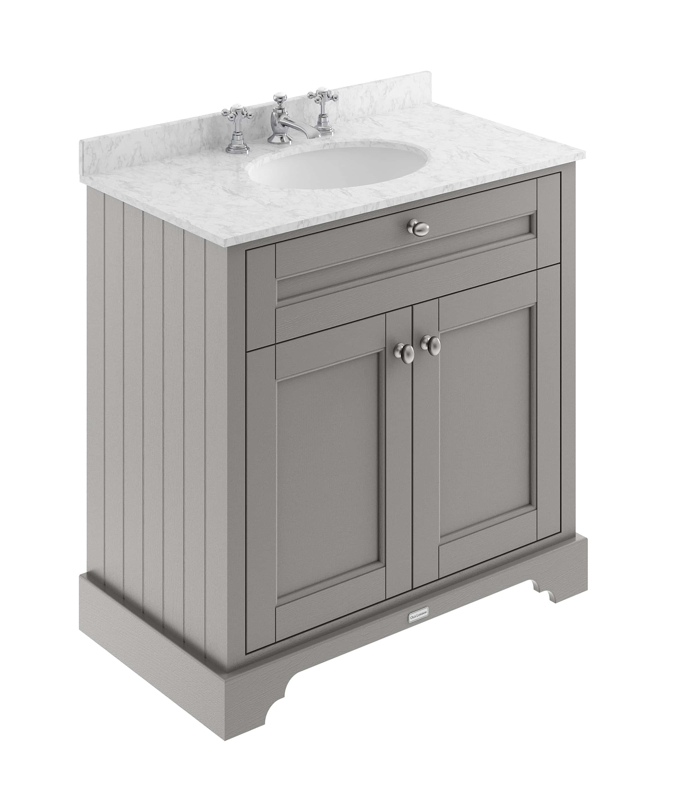 Chrome bathroom vanity with a white marble top and grey wooden cabinet, featuring towel rail and storage drawers, ideal for classic or contemporary bathroom decor.