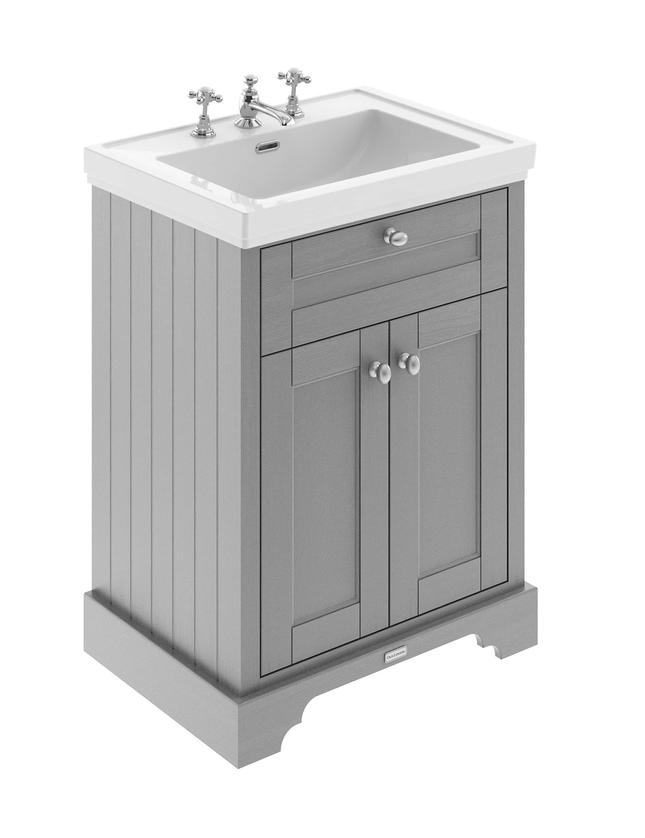Polished grey bathroom vanity with white sink and traditional chrome taps, perfect for classic bathroom designs and storage.