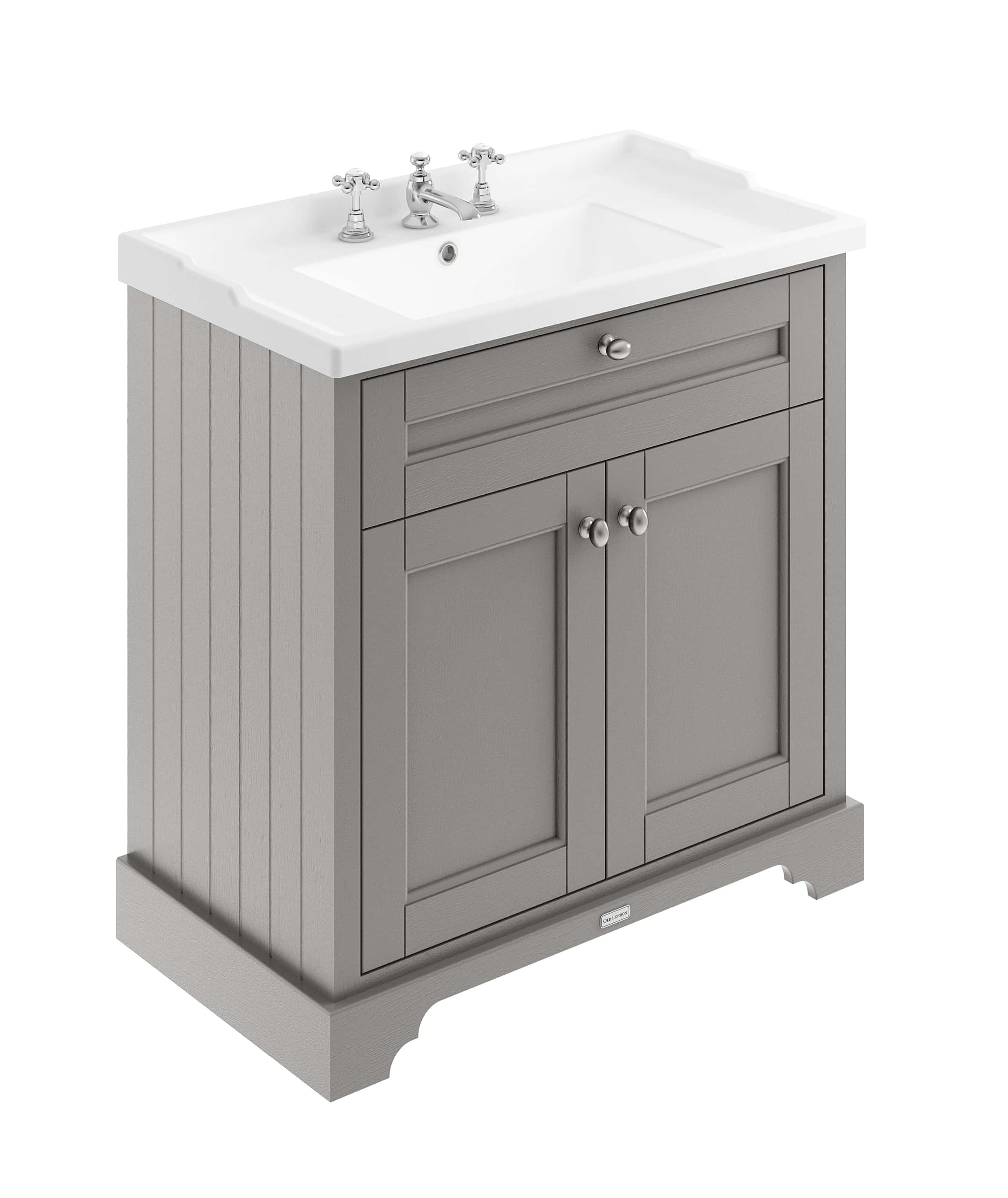 Vintage grey bathroom vanity with ceramic sink and traditional chrome taps for classic bathroom design.