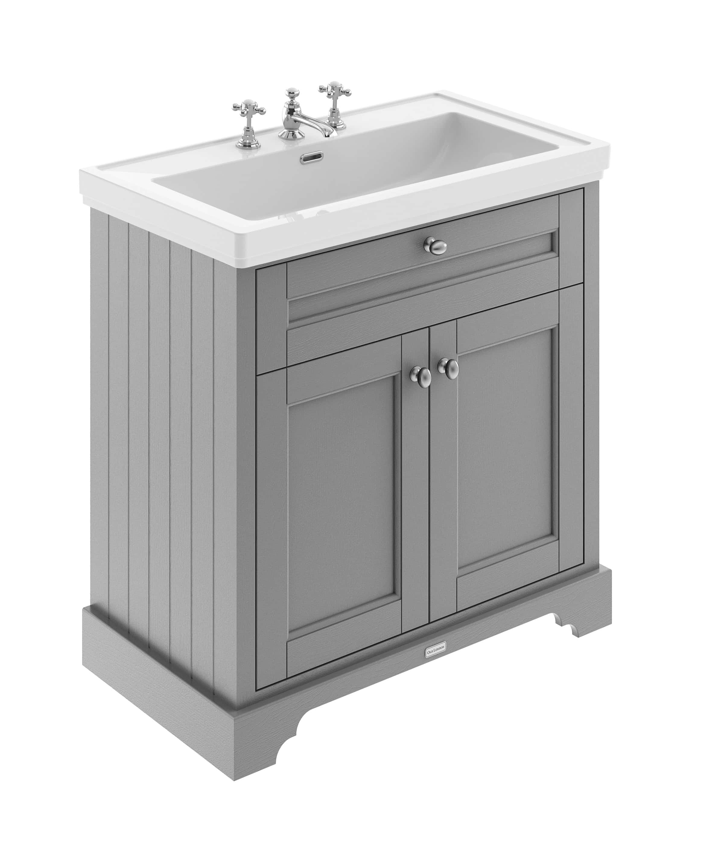 Polished grey bathroom vanity with classic white ceramic sink and chrome taps, perfect for modern bathroom design and plumbing fixtures.
