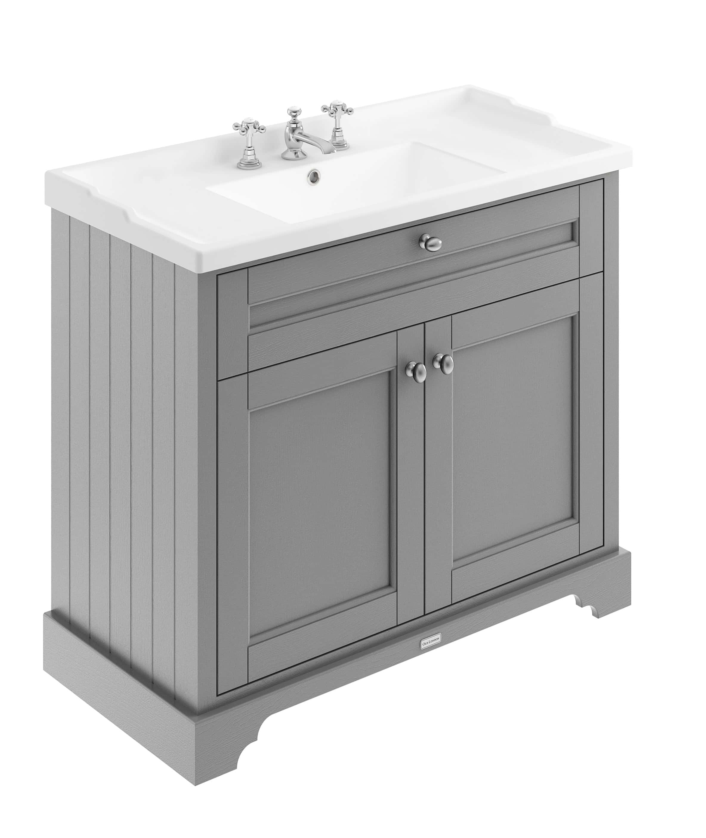 Luxury grey bathroom vanity unit with white ceramic sink and vintage style chrome faucets, ideal for modern bathroom designs.