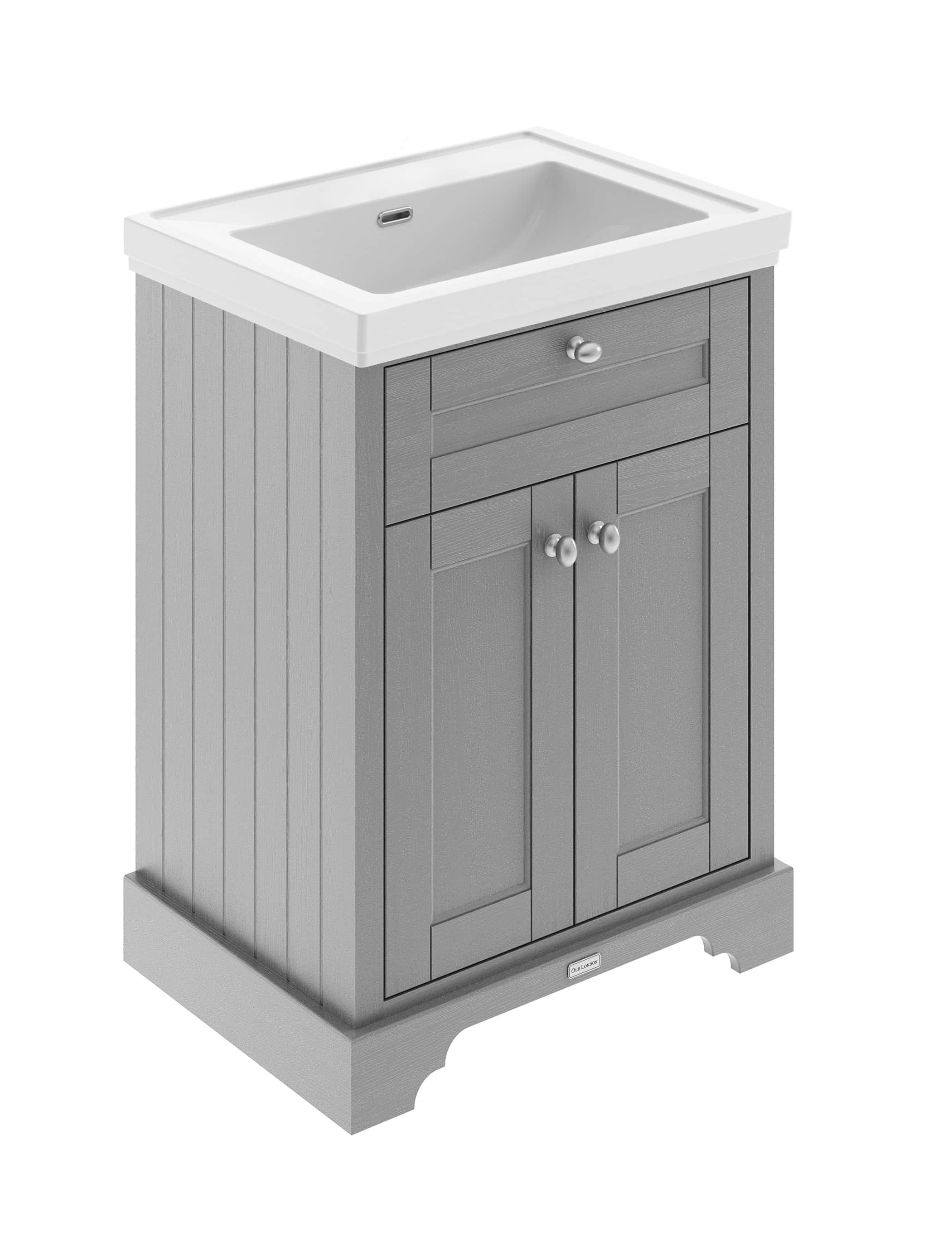 Rustic grey bathroom vanity with a built-in ceramic sink, featuring wooden panel detailing and classic round knobs, ideal for enhancing traditional bathroom decor.