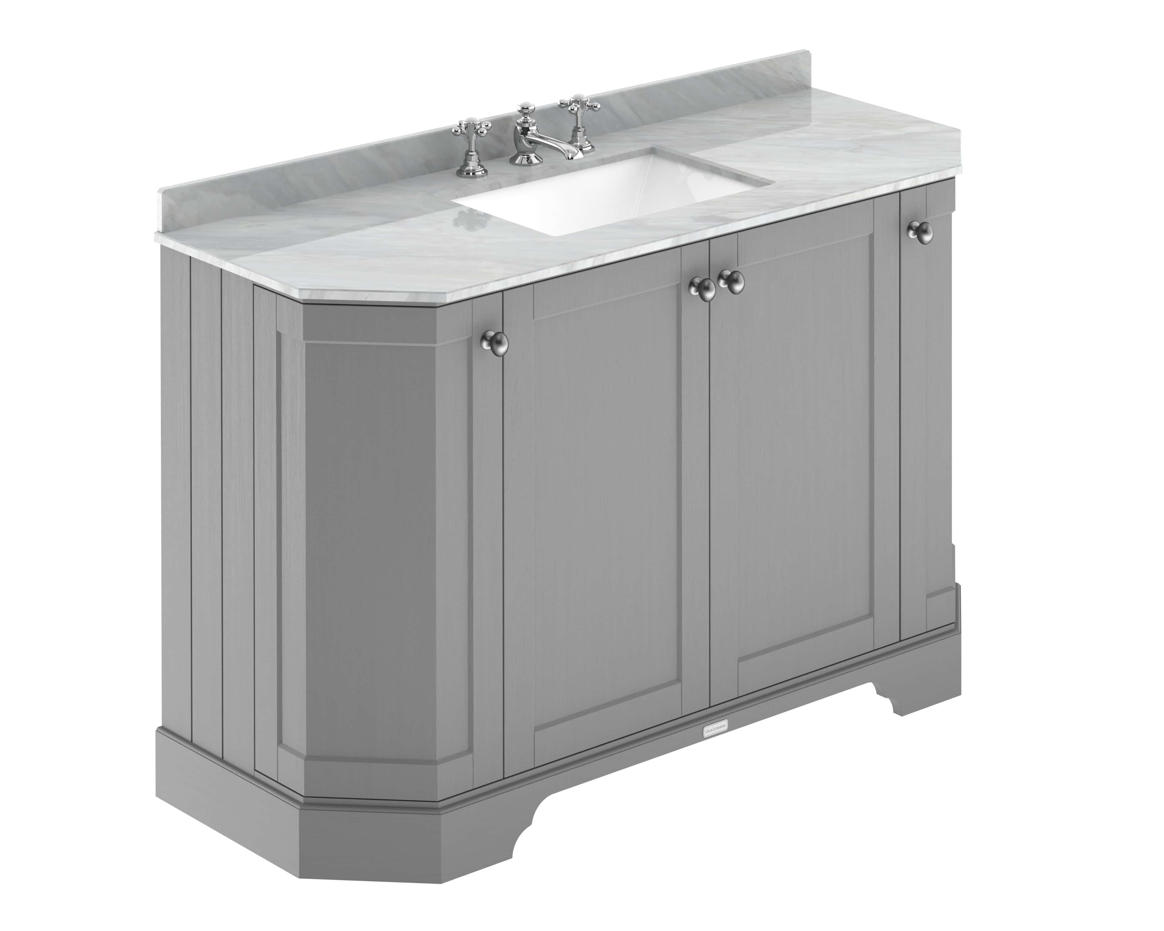 Polished grey bathroom vanity with marble countertop and undermount sink, featuring classic chrome fixtures and ample storage cabinet doors.
