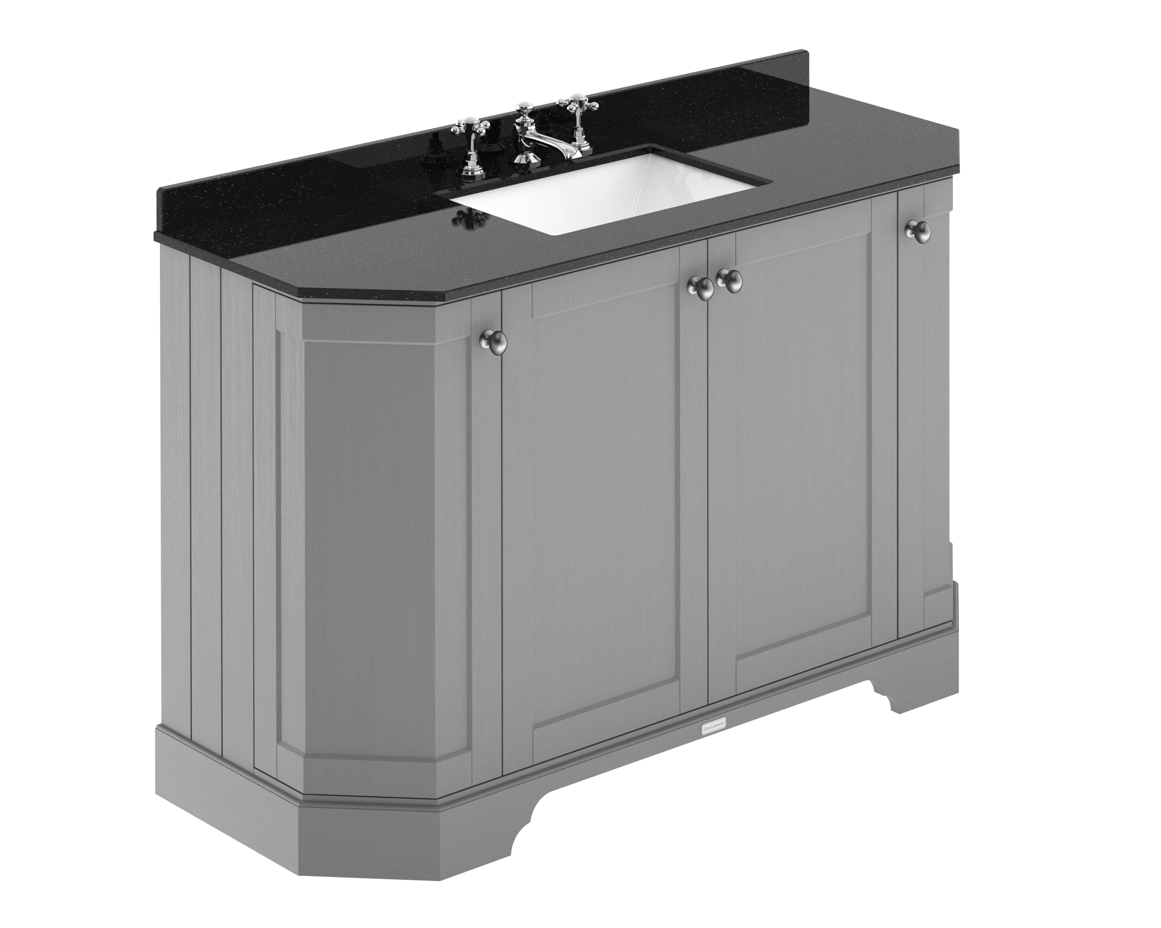 Polished grey bathroom vanity unit with black countertop and inset sink, featuring traditional style with rounded knobs and timber panelled doors, perfect for classic bathroom interiors.