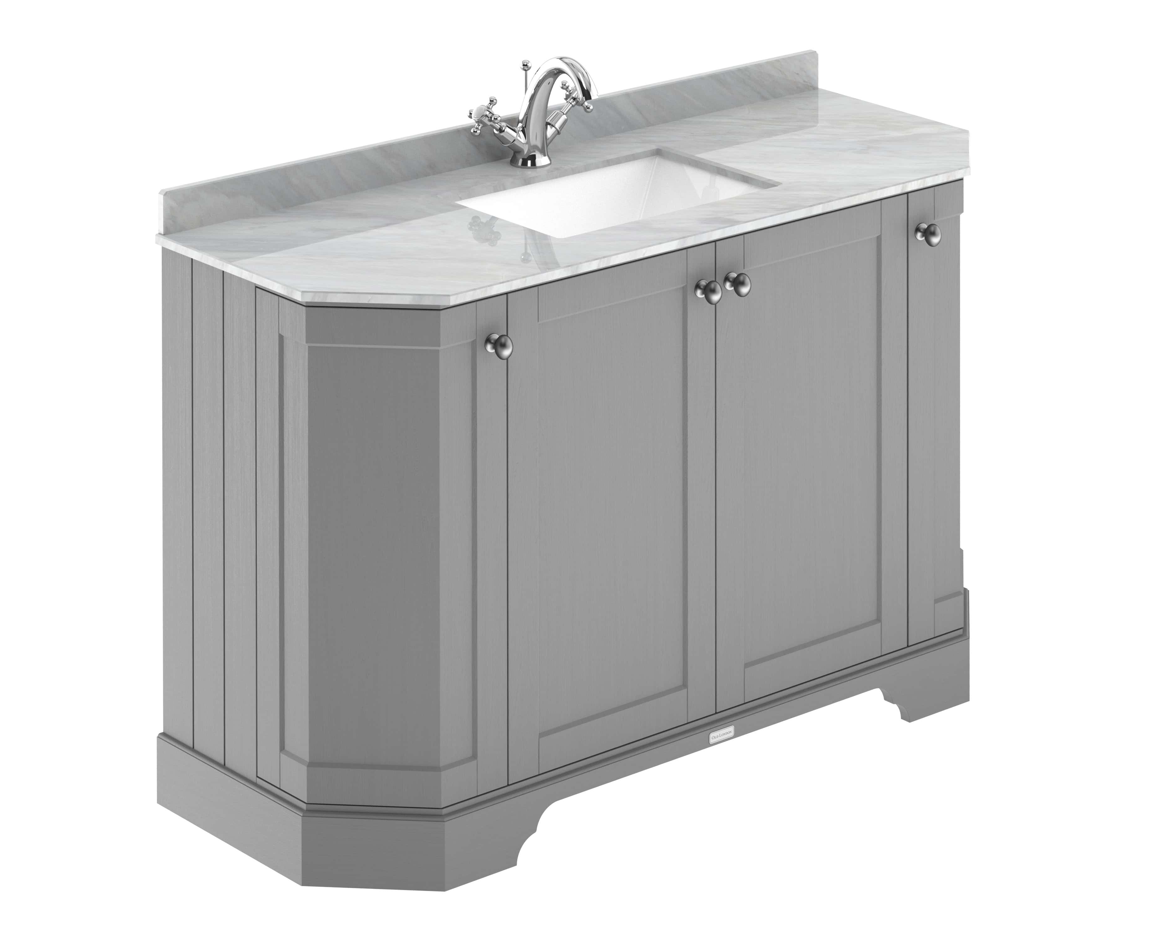 Polished grey bathroom vanity with marble top and undermount sink, featuring chrome fixtures and classic wooden cabinetry, perfect for modern or vintage bathroom designs.