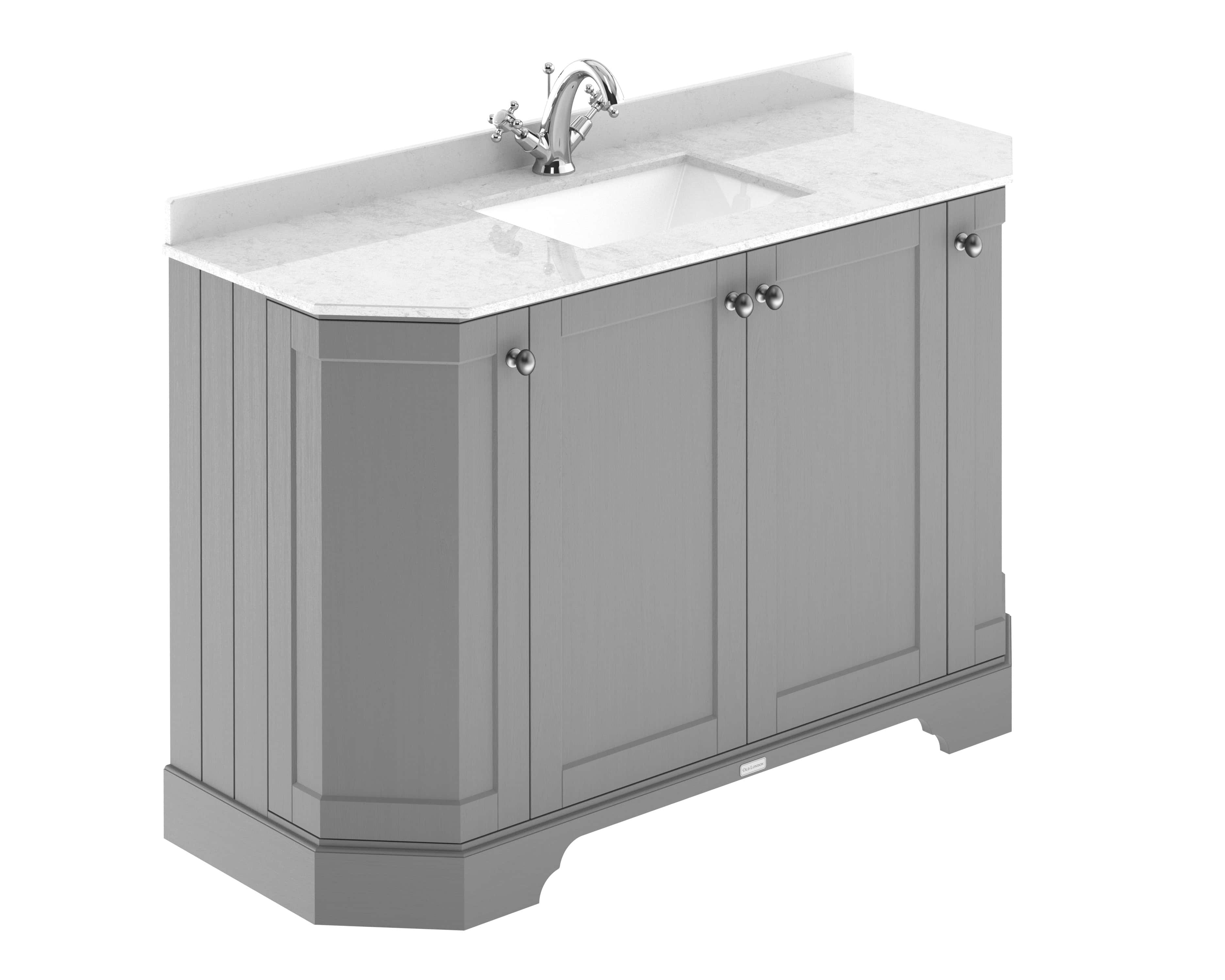 Polished grey bathroom vanity unit with marble countertop and integrated sink, featuring traditional chrome taps, ideal for modern bathroom interiors.