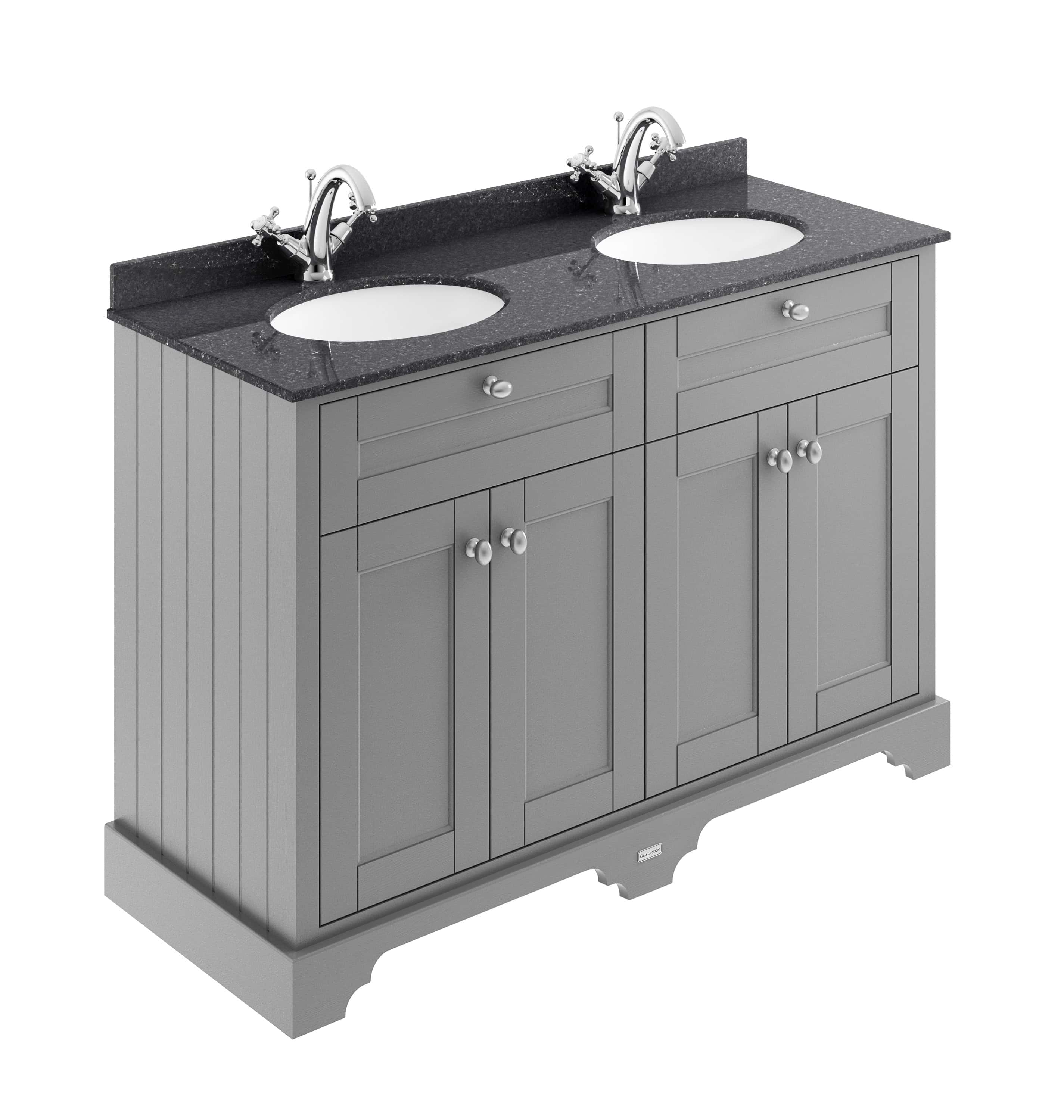 Double stone bathroom vanity with two sinks and chrome taps, grey wooden base with storage cabinets, perfect for modern bathroom decor.