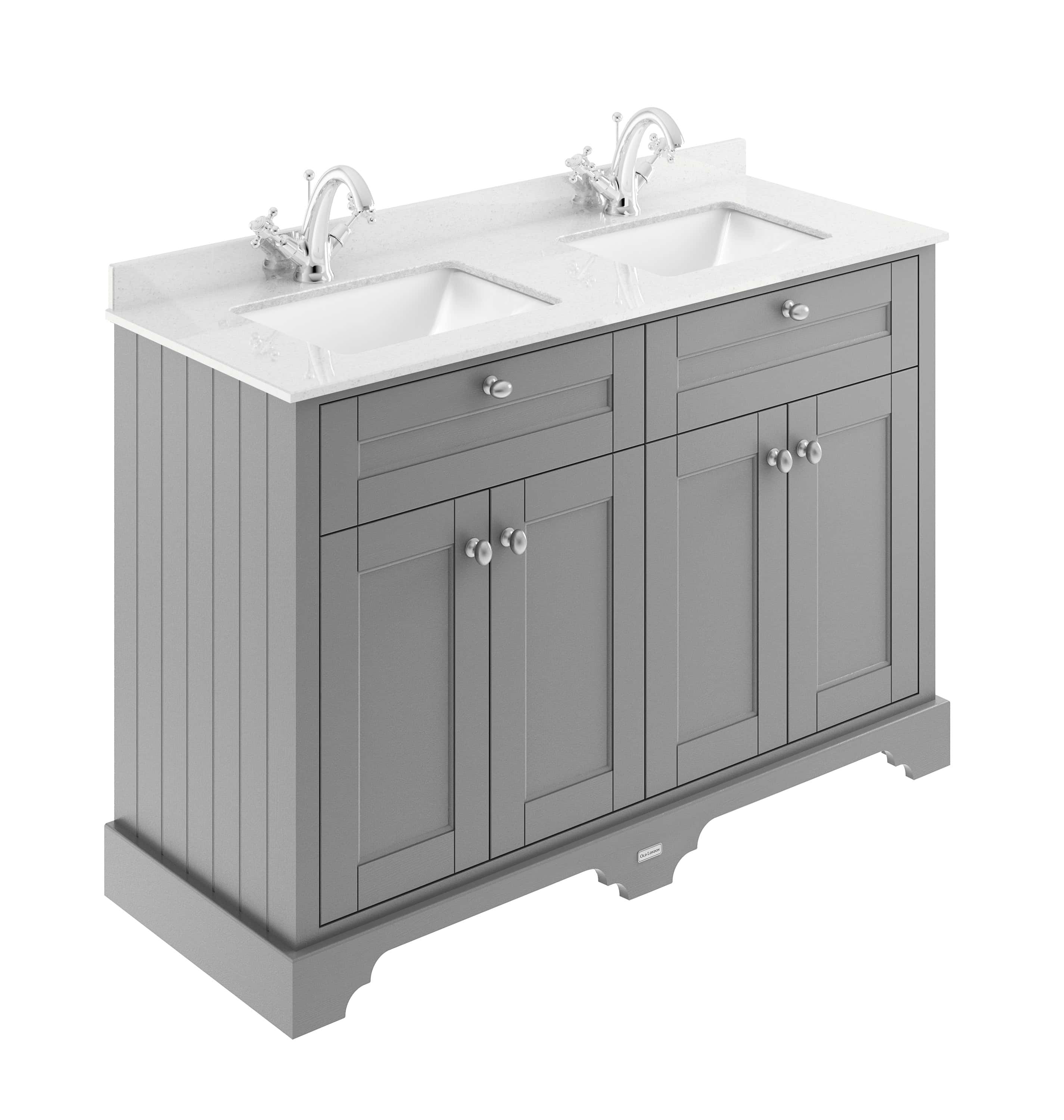 Contemporary grey double vanity bathroom unit with white marble countertop and dual porcelain sinks, featuring classic beadboard detailing and chrome fixtures for a timeless bathroom remodel.