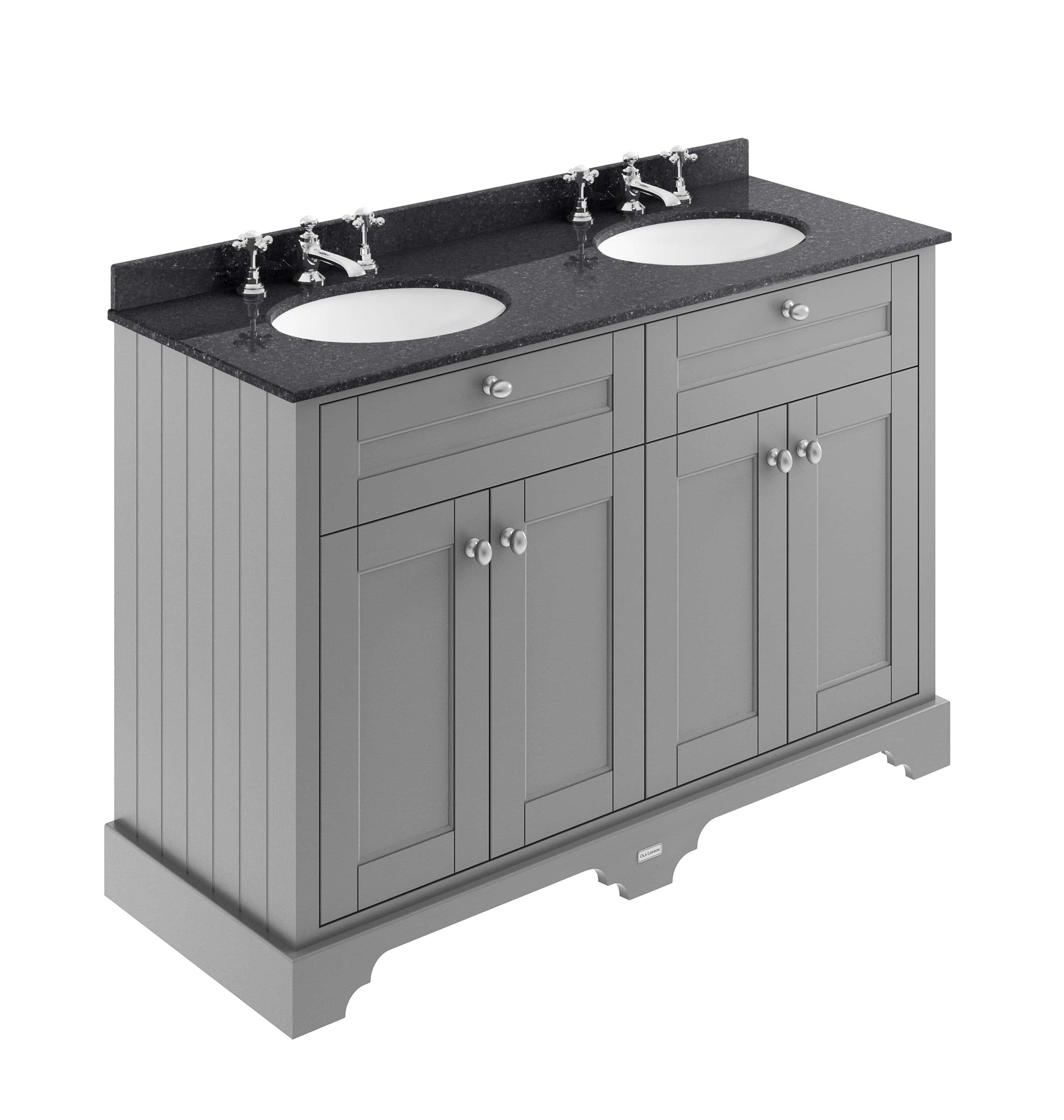 Double sink bathroom vanity unit with black granite countertop, grey wooden cabinetry, and silver handles, ideal for modern bathroom decor.