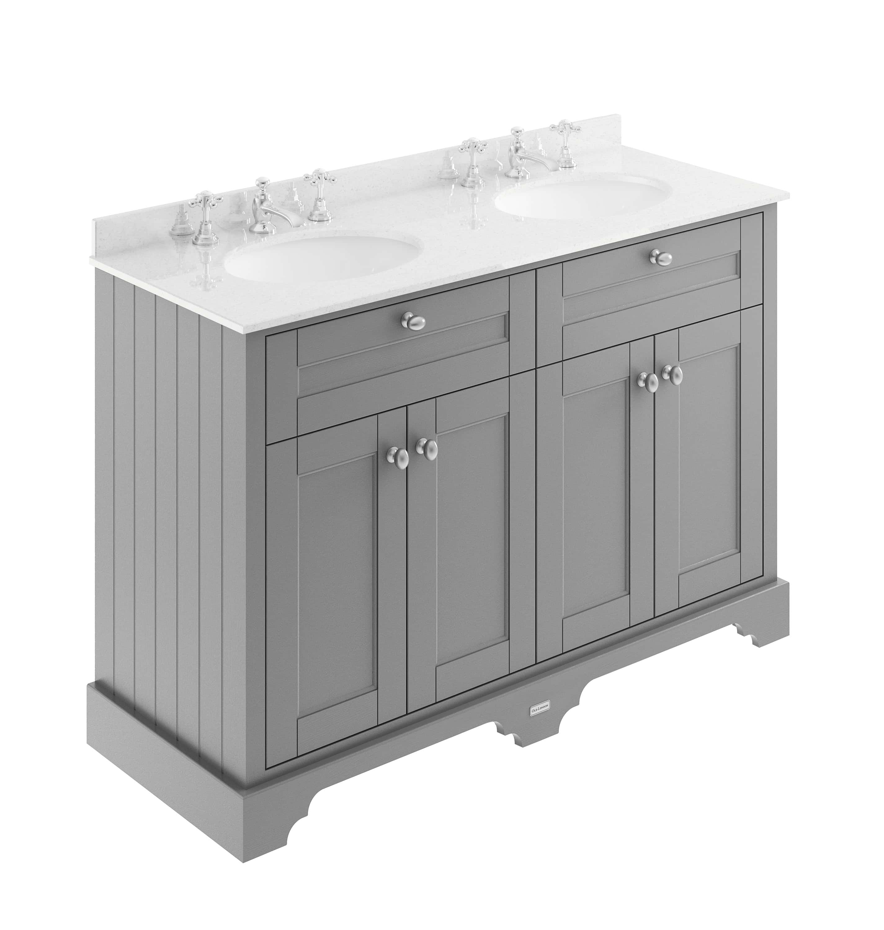 Sleek grey double bathroom vanity with white countertop and two sinks, featuring classic cabinet design and chrome hardware, ideal for modern bathroom renovation.