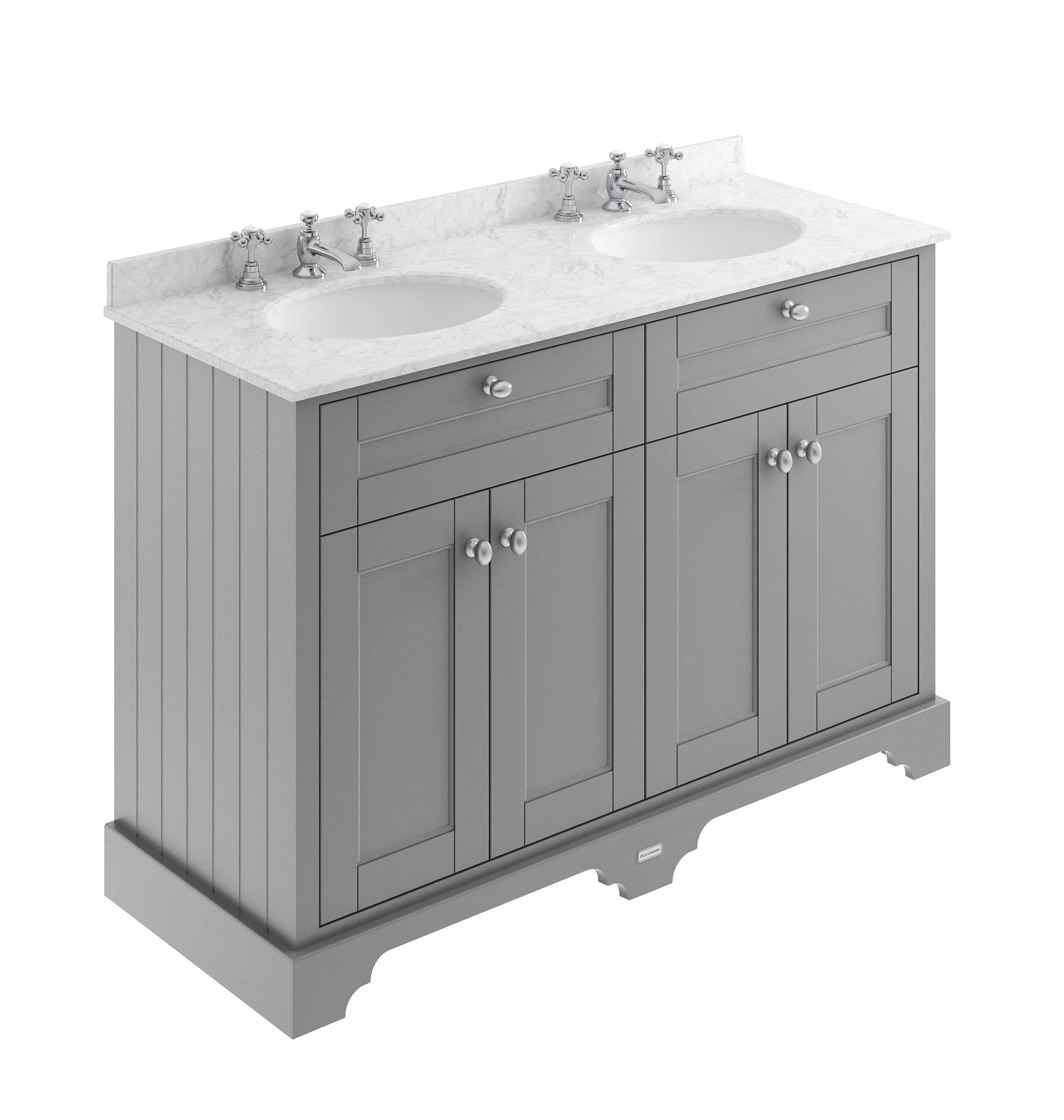 Industrial grey double vanity bathroom cabinet with marble countertop and dual sinks. Perfect for classic bathroom decor and high-end bathroom renovation projects.