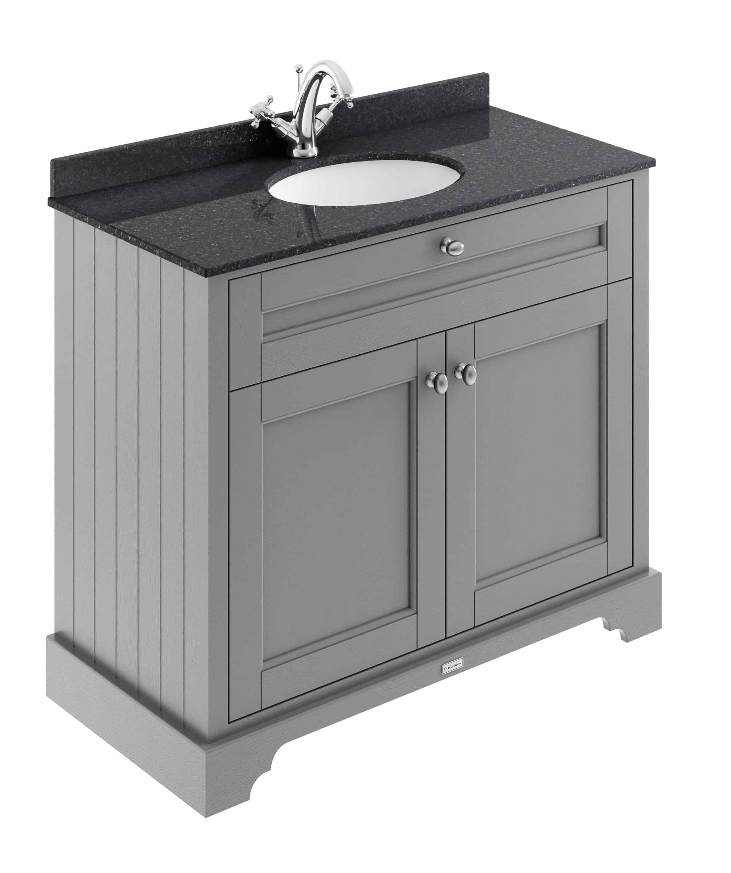 Modern grey bathroom vanity with black granite countertop and ceramic sink, featuring classic design and durable finishes, perfect for contemporary bathroom renovation.