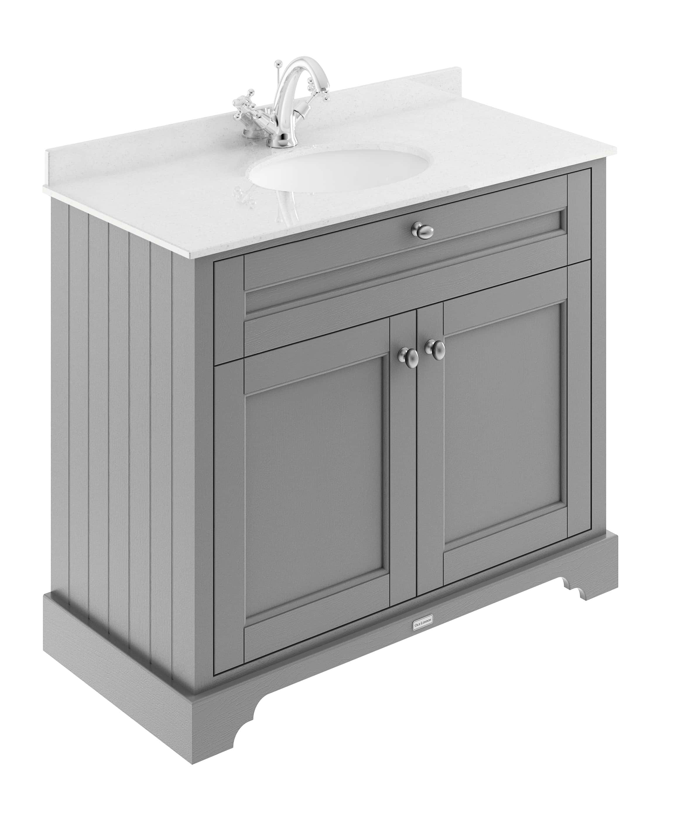 Relaxing grey bathroom vanity with a white marble countertop and chrome fixtures, ideal for modern bathroom renovations and stylish bathroom furniture.