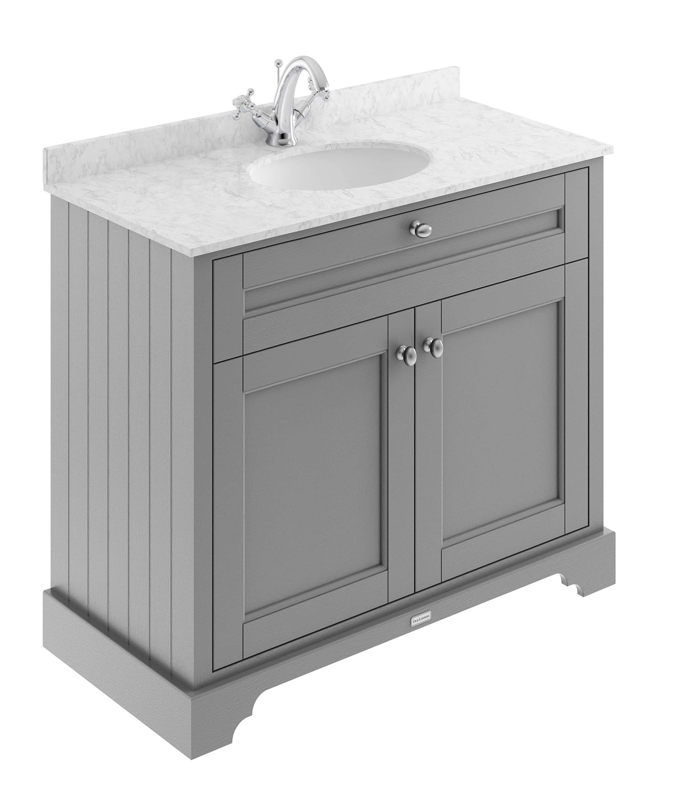 Vanity bathroom cabinet with marble top and ceramic sink, grey wood finish, modern bathroom furniture, traditional bathroom vanity unit with storage, durable and elegant bathroom furniture piece.