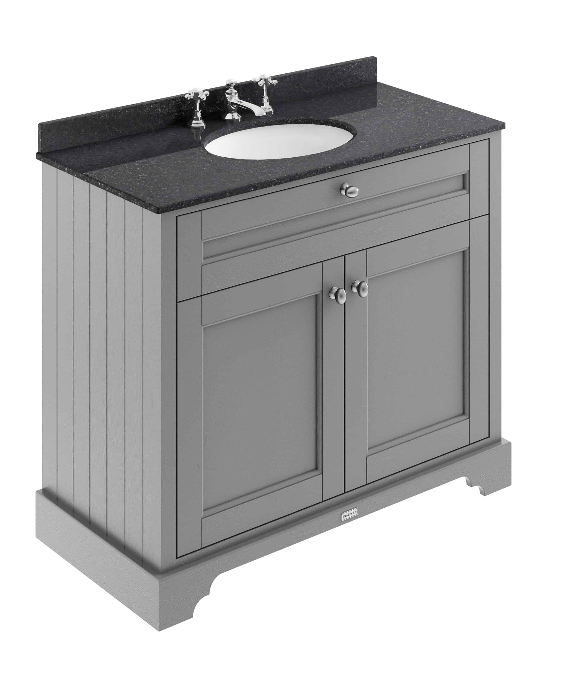 Dark grey bathroom vanity with black granite countertop and integrated sink, featuring traditional style cabinetry with silver knobs, ideal for modern and classic bathroom designs.