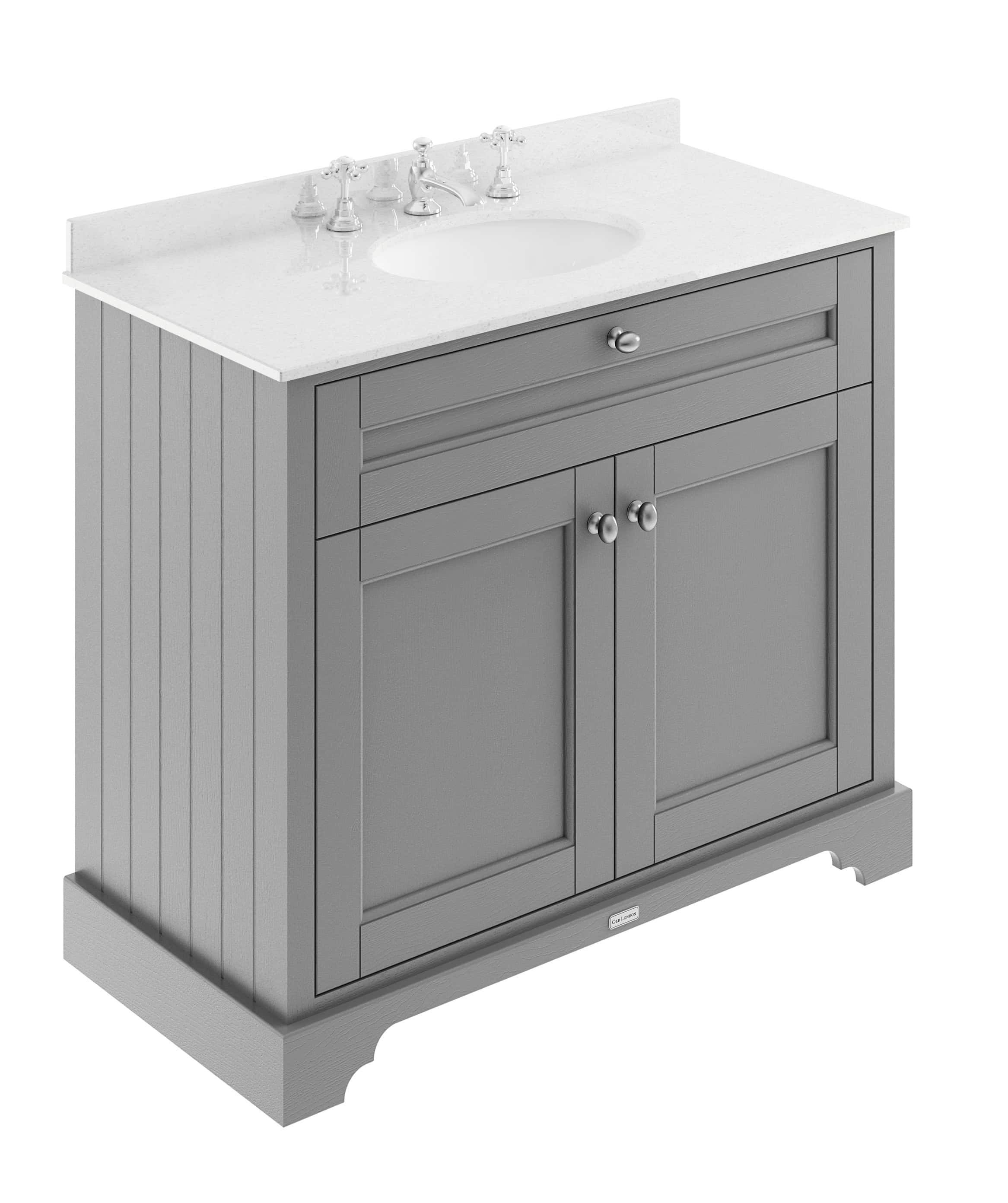 White bathroom vanity with grey cabinetry and marble countertop featuring a built-in sink and traditional chrome tap fixtures.