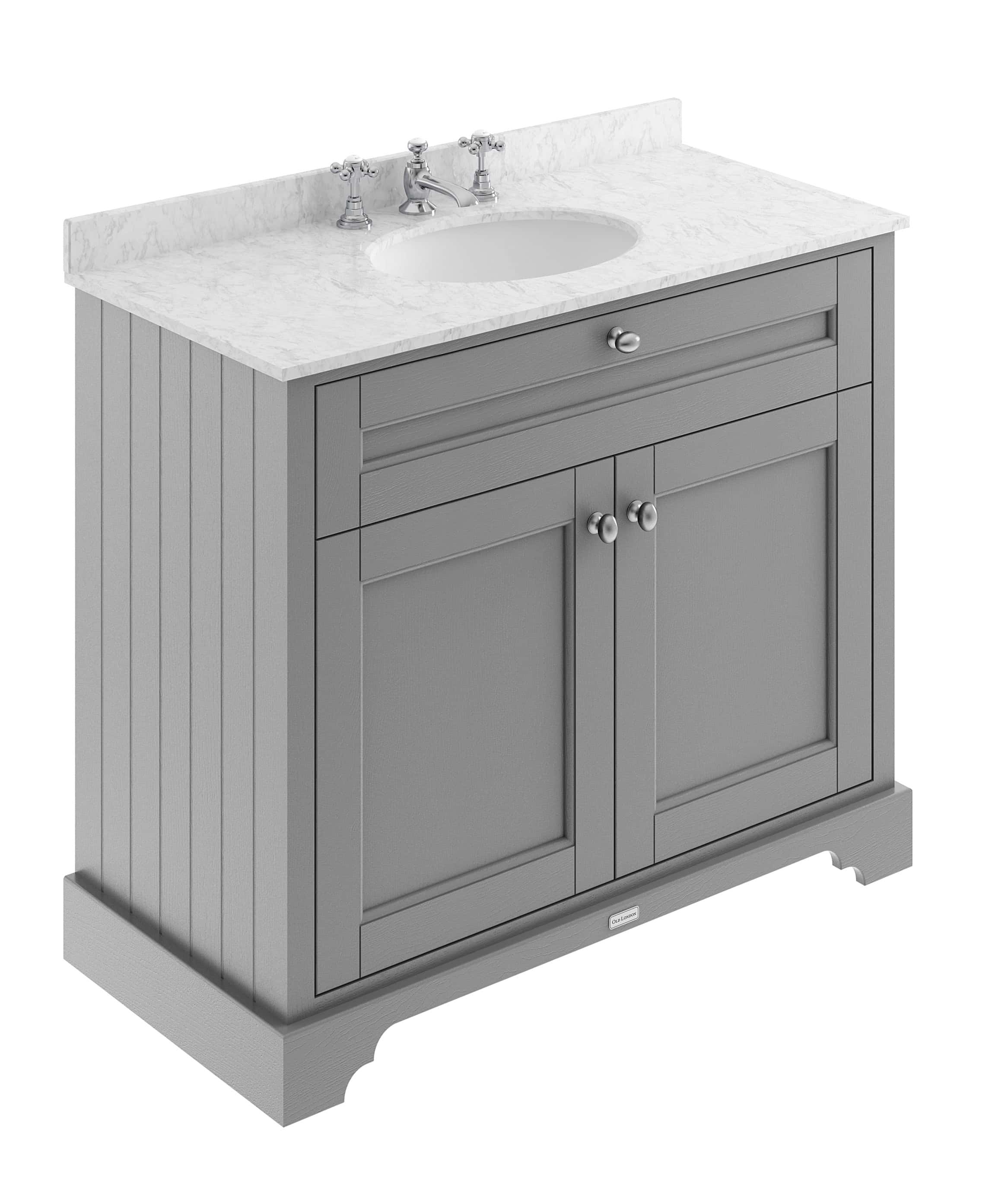 Grey bathroom vanity with marble countertop and classic design, ideal for modern bathroom upgrades.