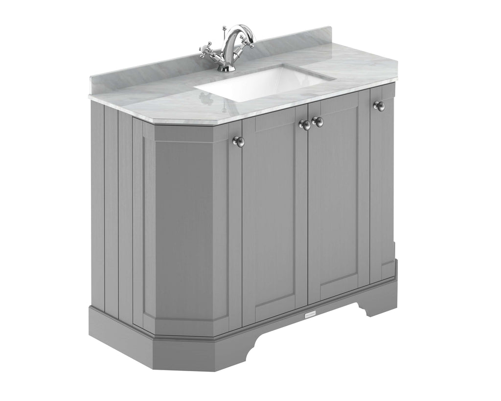 Modern grey bathroom vanity with white marble countertop and built-in sink, featuring polished chrome fixtures and stylish cabinet doors, ideal for contemporary bathroom renovations.