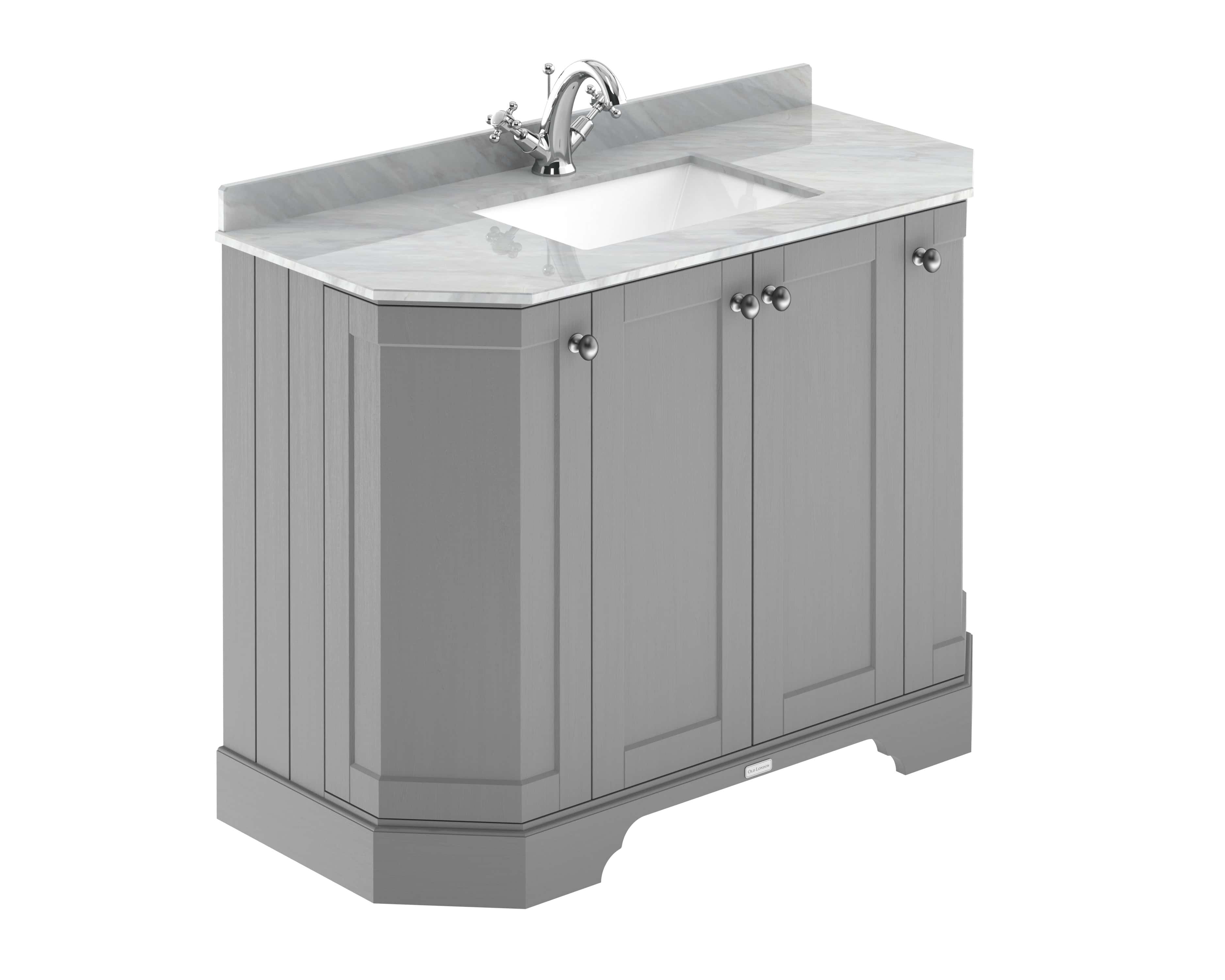 Modern grey bathroom vanity with white marble countertop and built-in sink, featuring polished chrome fixtures and stylish cabinet doors, ideal for contemporary bathroom renovations.