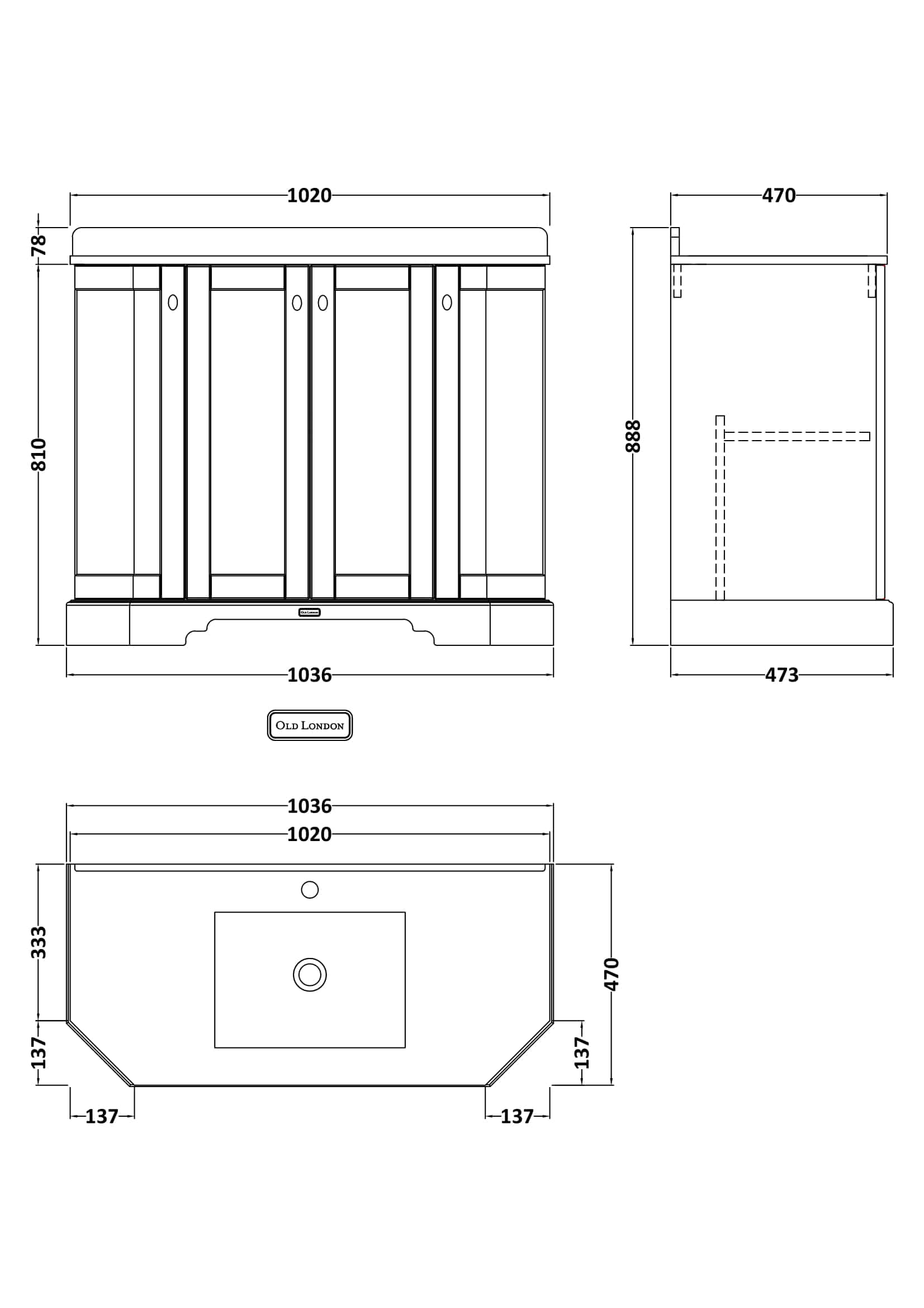 Elegant bathroom vanity unit with detailed technical blueprint, showcasing dimensions and design details for Bubly Bathrooms, ideal for home renovation projects.
